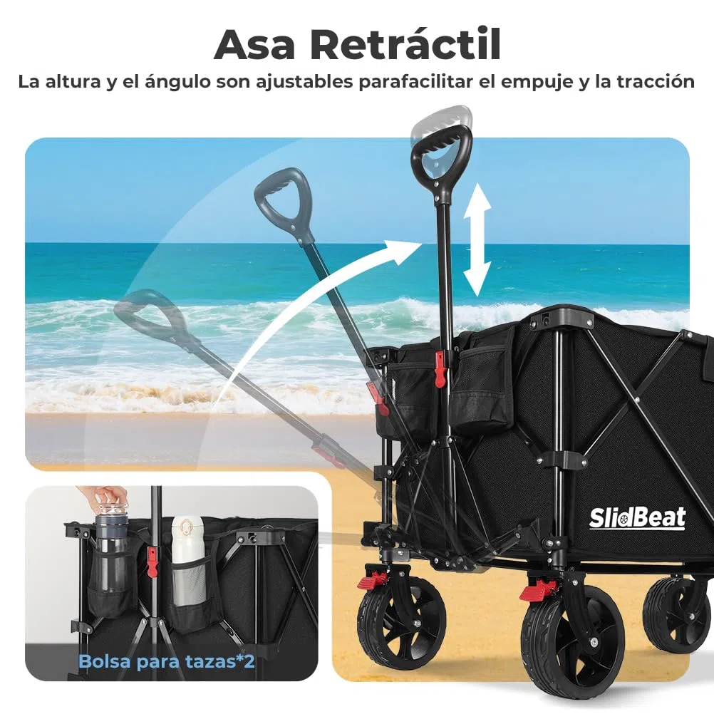SLIDBEAT Carro de Playa XXL – 220L y 200KG de Capacidad, Carro Plegable con Ruedas Grandes Todo Terreno y Mango Auto-rebotante, Ideal para la Playa, Jardín o Camping, con Frenos de Seguridad