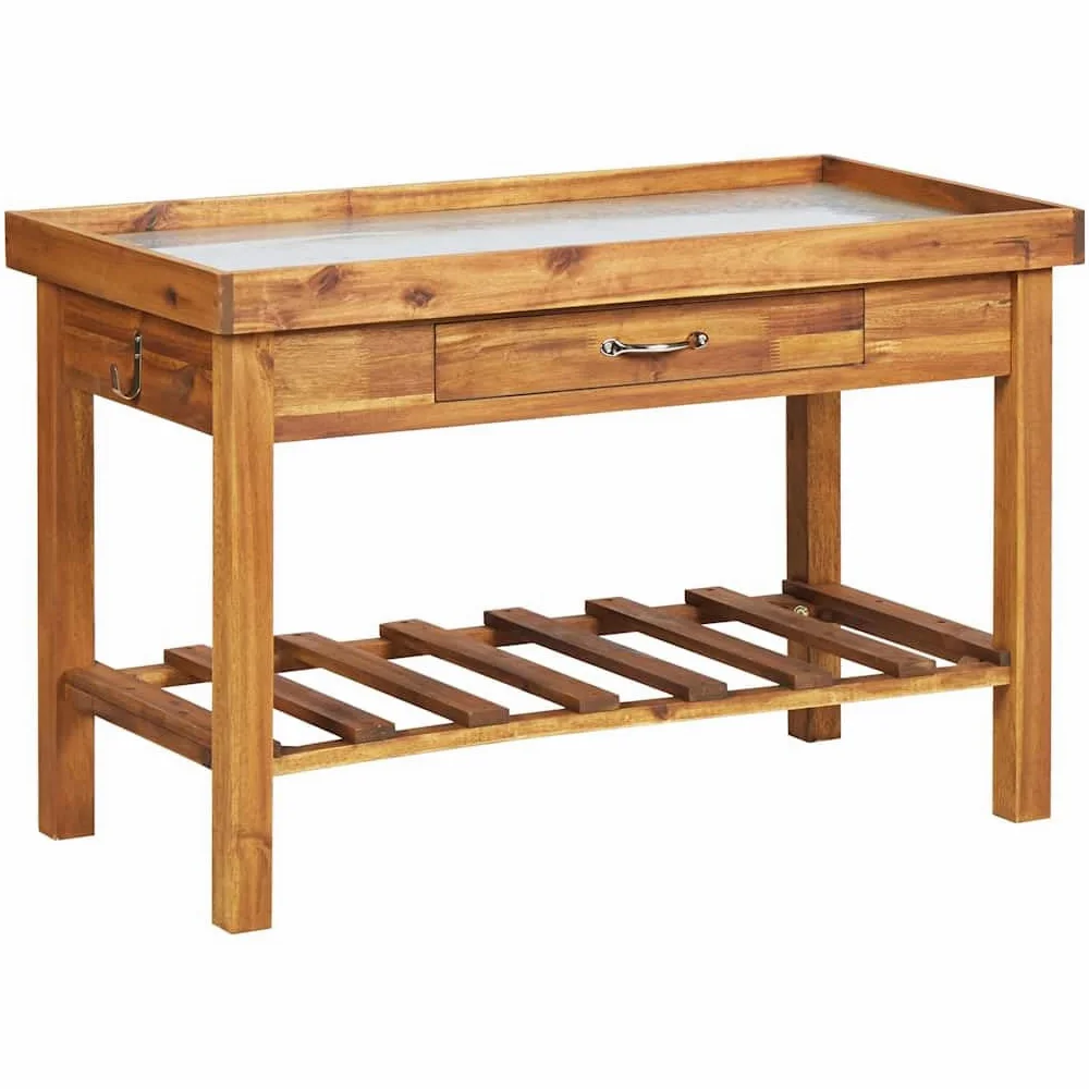 vidaXL Mesa de Cultivo de Jardín Tablero de Zinc Macetas con Estante Guardar Tierra Herramientas Usos Decorativos Madera Maciza de Acacia