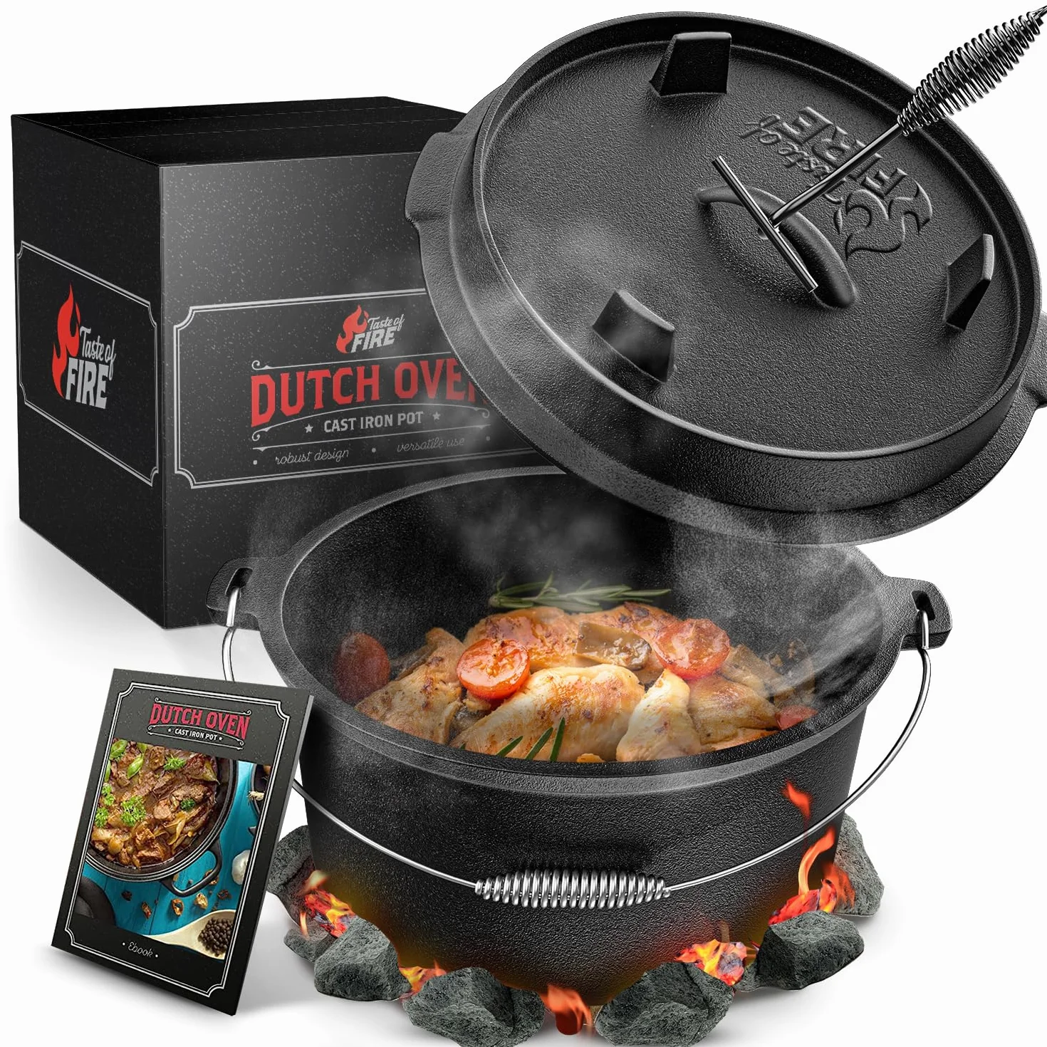 aste of Fire [El Original] - Horno Holandés de Hierro Fundido 7,4L con Patas y Tapa de 1,8L con Doble Función como Sartén Parrilla – Incl. Levantador de Tapa