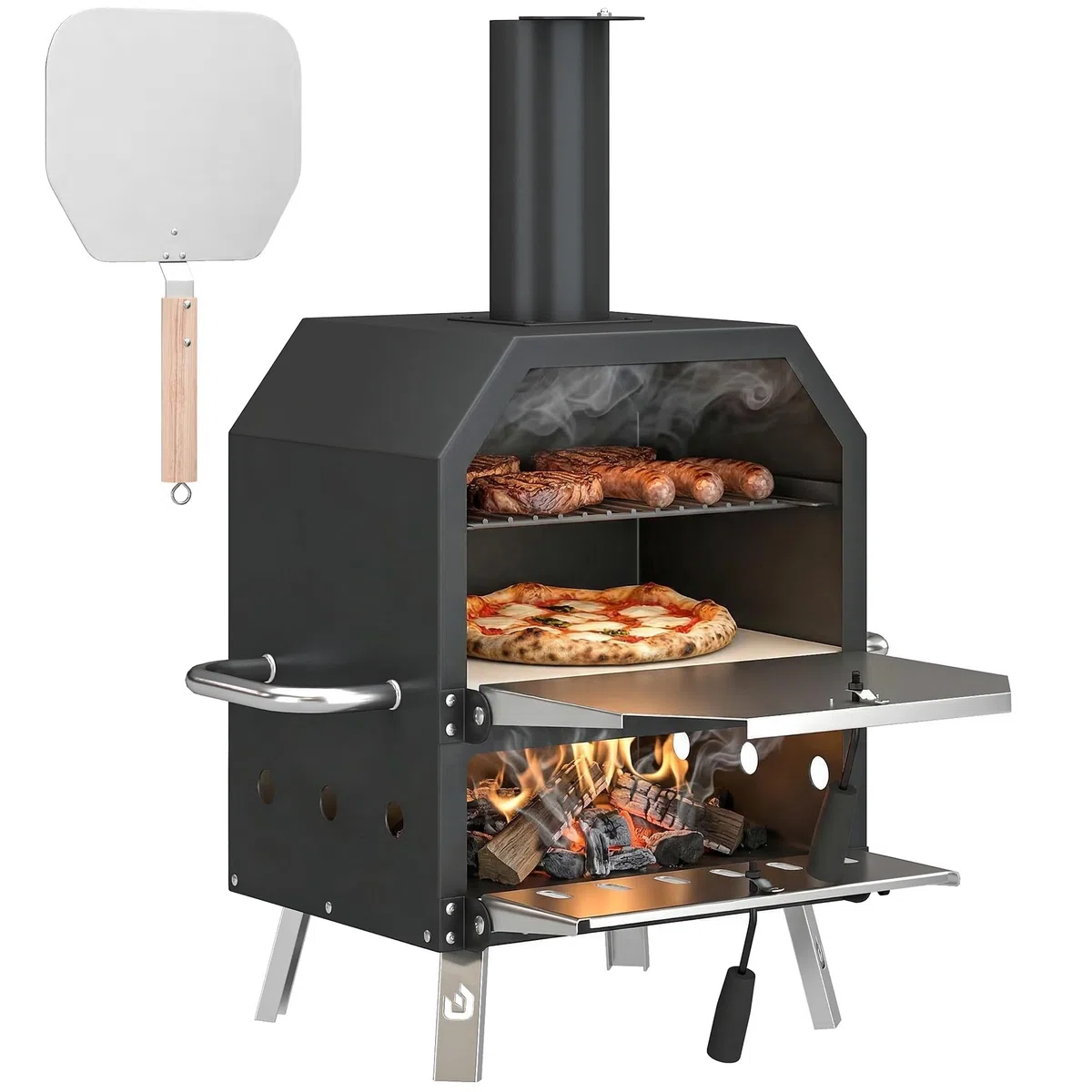 Outsunny Horno de pizza para exteriores de madera, horno de acero inoxidable, 2 niveles, con piedra de 1 cm de grosor, apertura de aire, pata plegable, pala para pizza, asa, estufa de leña, estufa de