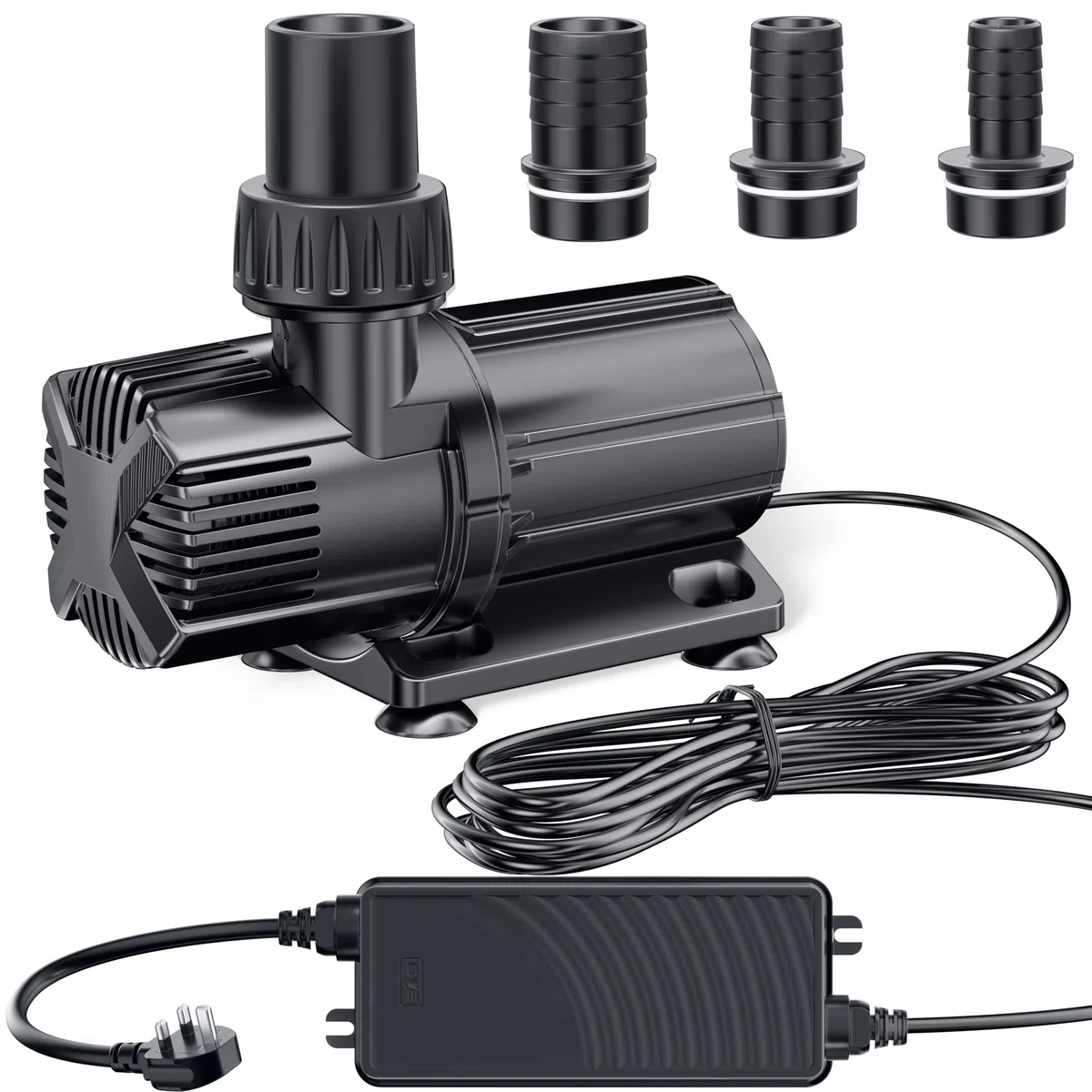 POPOSOAP Bomba de estanque de 6000 L/h CC, bomba de fuente silenciosa segura de 24 V de bajo voltaje con convertidor CA/CC, 4 adaptadores de manguera para estanques de jardín, acuarios, fuentes