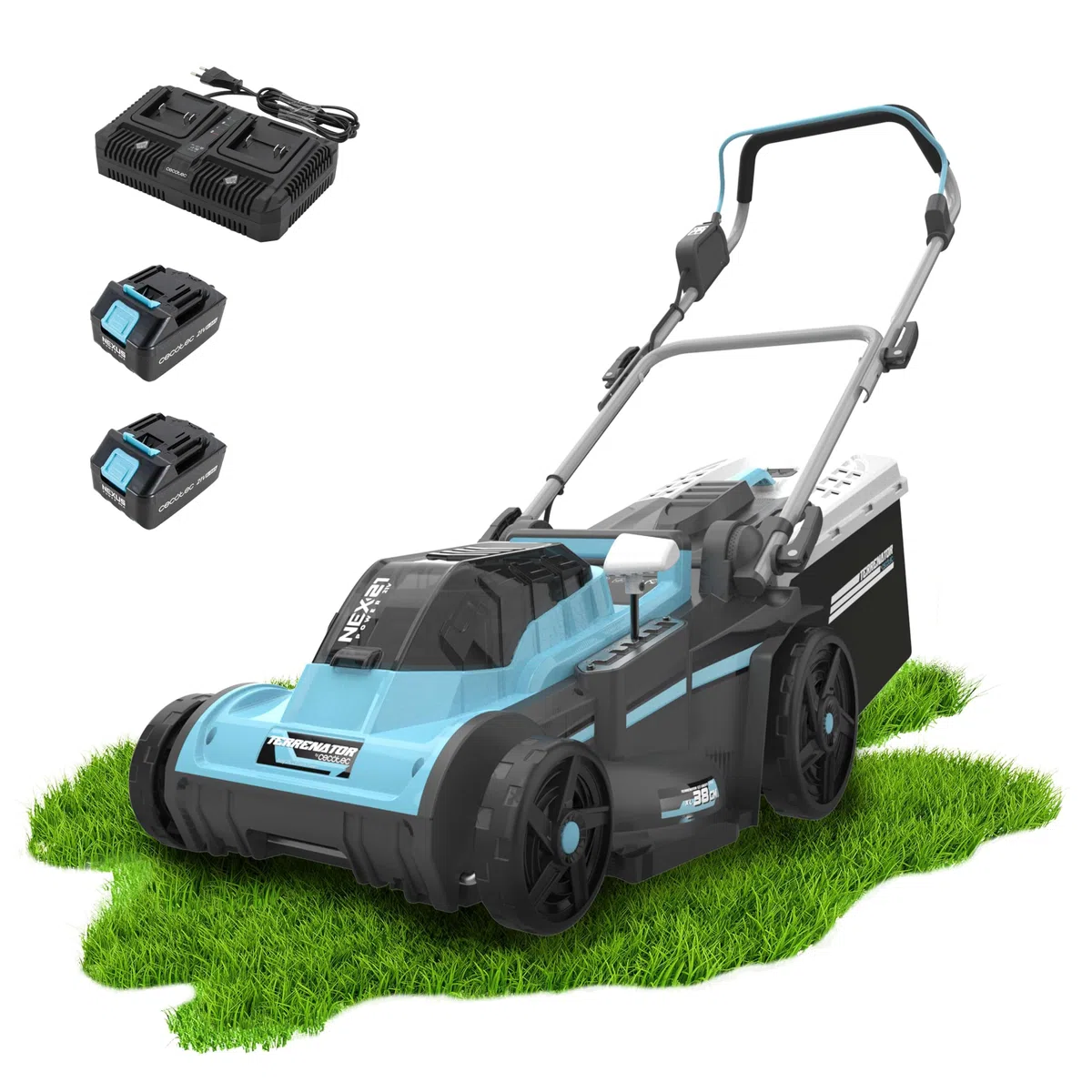 Cecotec Cortacésped de Batería sin Cable Terrenator E3 Liberty Z Plus. Motor sin Escobillas Brushless, Funciona 2 Baterías 21V 4Ah, Cambio Altura Sistema Z-Tech, Ancho 38cm, Depósito 40L