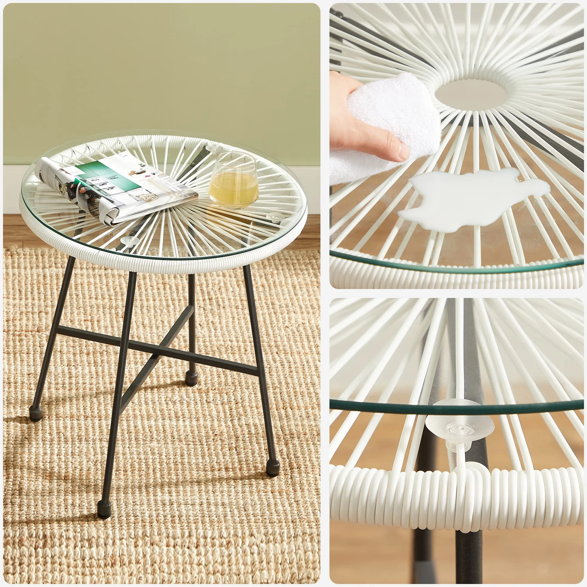 SONGMICS Conjunto de Muebles de Jardín, 3 Piezas, Silla Acapulco, Asientos de Exterior, Mesa con Tapa de Cristal y 2 Sillas, Conjunto Mueble de Interior y Exterior, Blanco GGF013W02