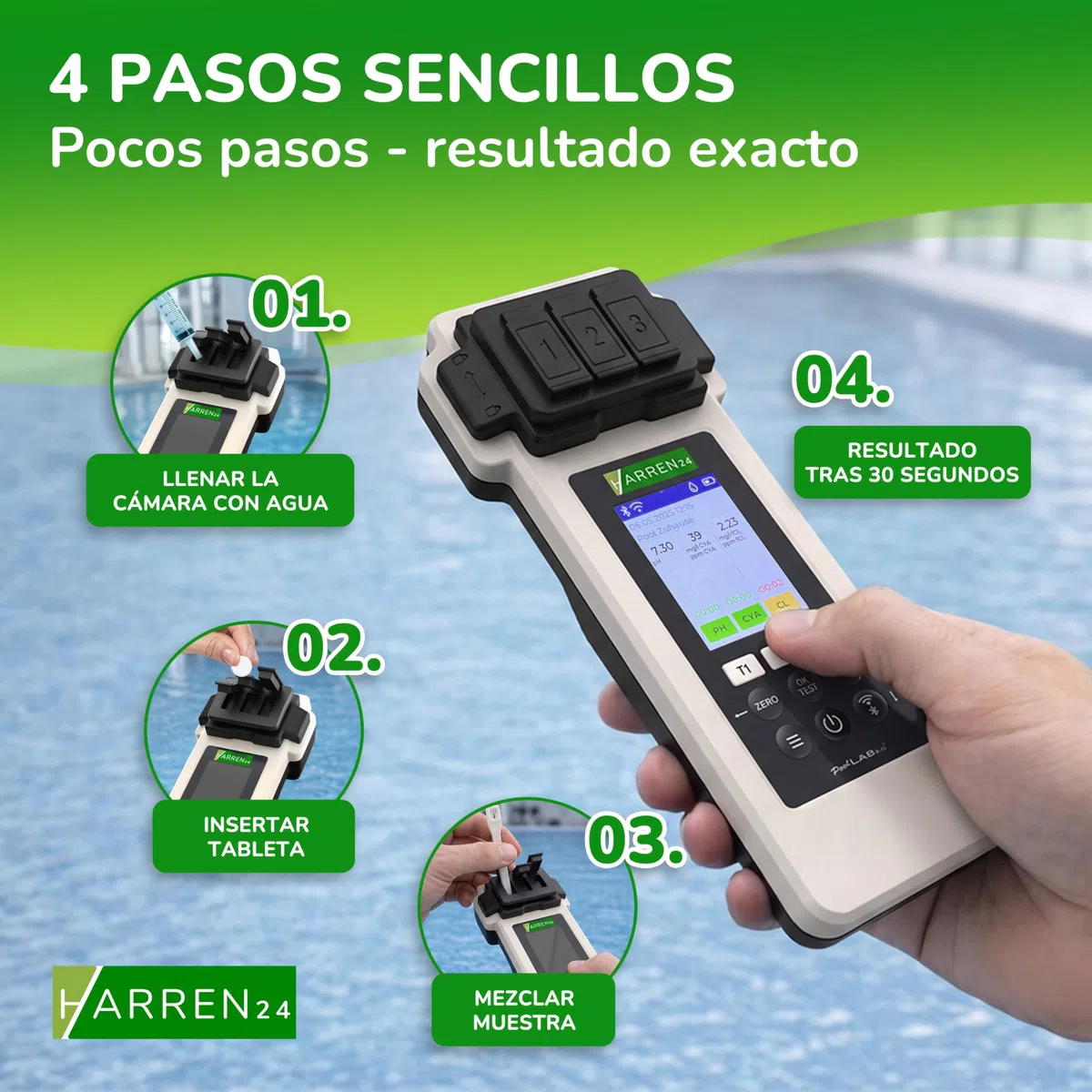 PoolLAB 2.0 Special Edition - Comprobador de agua electrónico (fotómetro) para piscina, Bluetooth, incluye 70 + 100 pastillas de prueba, mezcla de relleno cloro pH Phenol rojo ácido cianúrico