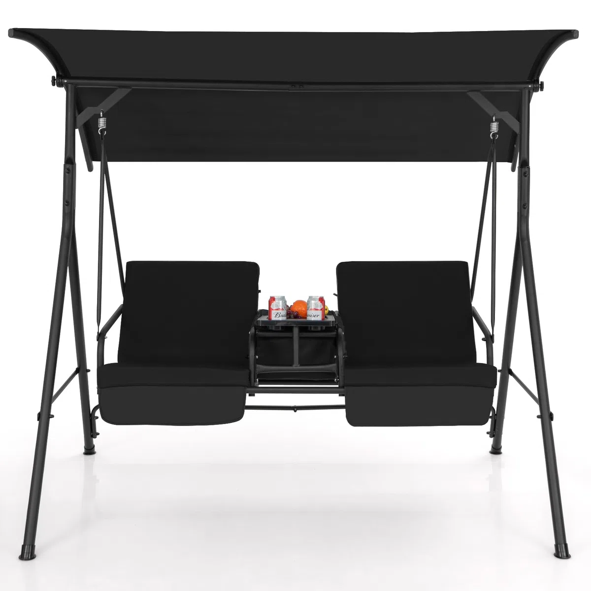 KOMFOTTEU Columpio de Jardín para 2 Personas, Balancín Terreza Exterior con Toldo Ajustable, Banco Mecedora con Bandeja y Bolsa de Refrigeración, para Balcón, Patio (Negro)