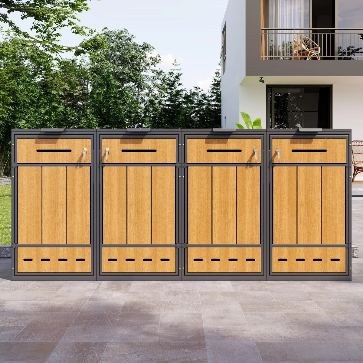 Caja para contenedores de basura, puede contener dos contenedores de basura (120-240 litros), con orificios de ventilación, compartimentos de almacenamiento de basura, con cerradura, dos puertas (1)