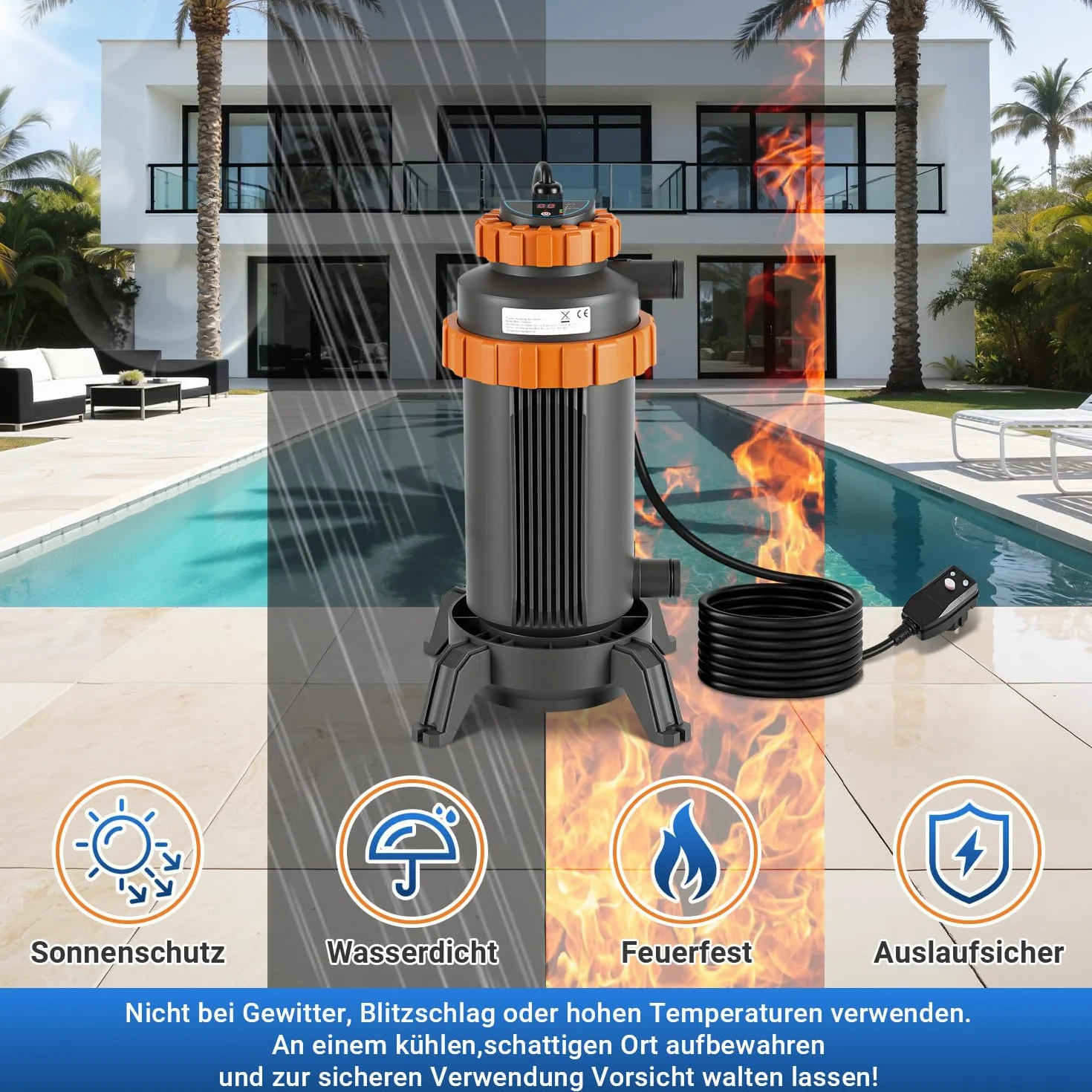 Calentador eléctrico para piscinas, diámetro de 29 x 42 cm, calefacción de piscina, calefacción de piscina, eléctrica para la mayoría de las piscinas pequeñas, protección contra fugas