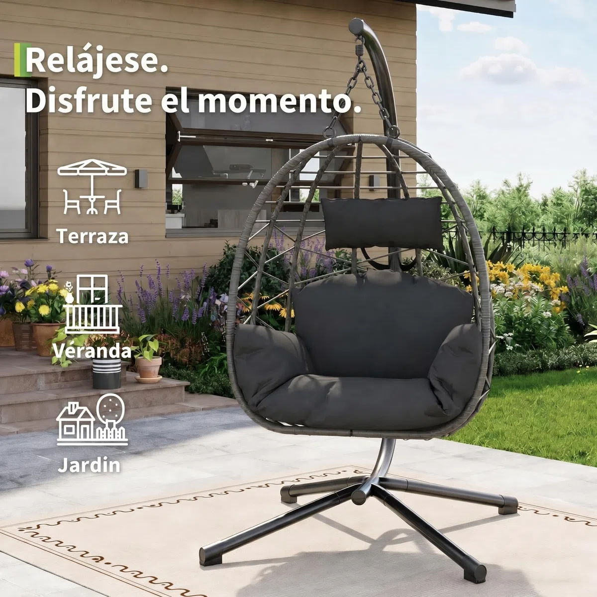 Litake Silla Colgante para Exterior y Jardín - Estructura Completamente Metálica - Silla Huevo con Soporte, Soporta hasta 150 kg - con Cojines Cómodos, Ideal para Jardín, Balcón y Patio, Gris