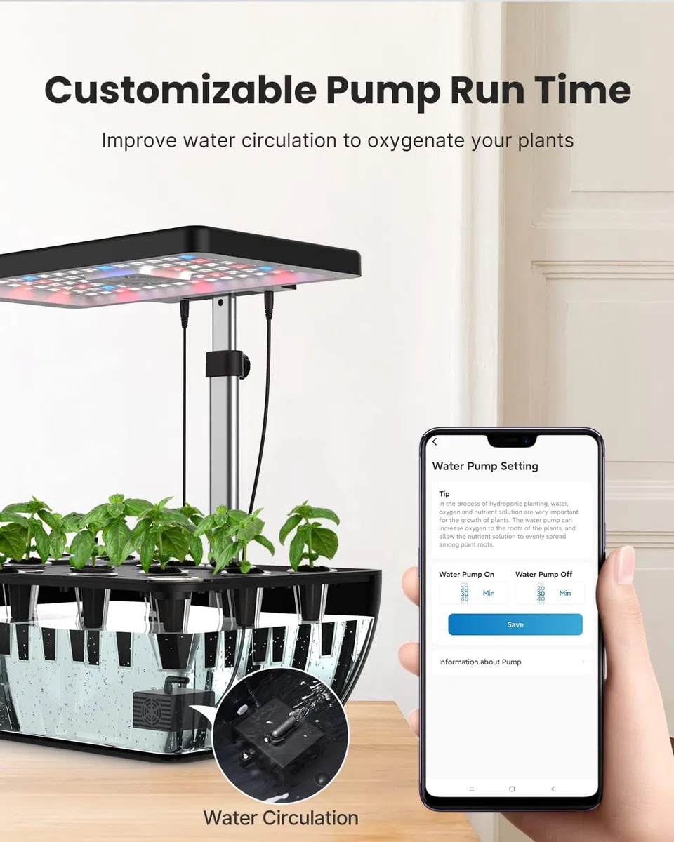 iDOO Smart Garden, Sistema de Cultivo Hidropónico con WiFi, Tanque de Agua de 6.5 L, Lámpara LED de Planta, Ventilador, 12 Vainas Huerto Interior, Altura Ajustable Jardín WiFi Inteligente