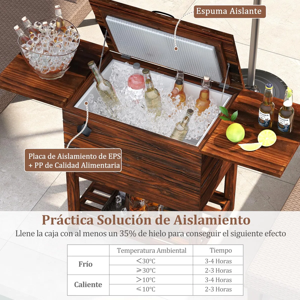 GYMAX Carrito Nevera Rodante de Madera, Enfriador Portátil 51L con 2 Mesas Plegables, Abrebotellas Integrado, Ruedas Bloqueables, para Patio, Piscina, Jardín, Barbacoa, Fiestas, Exterior, Camping