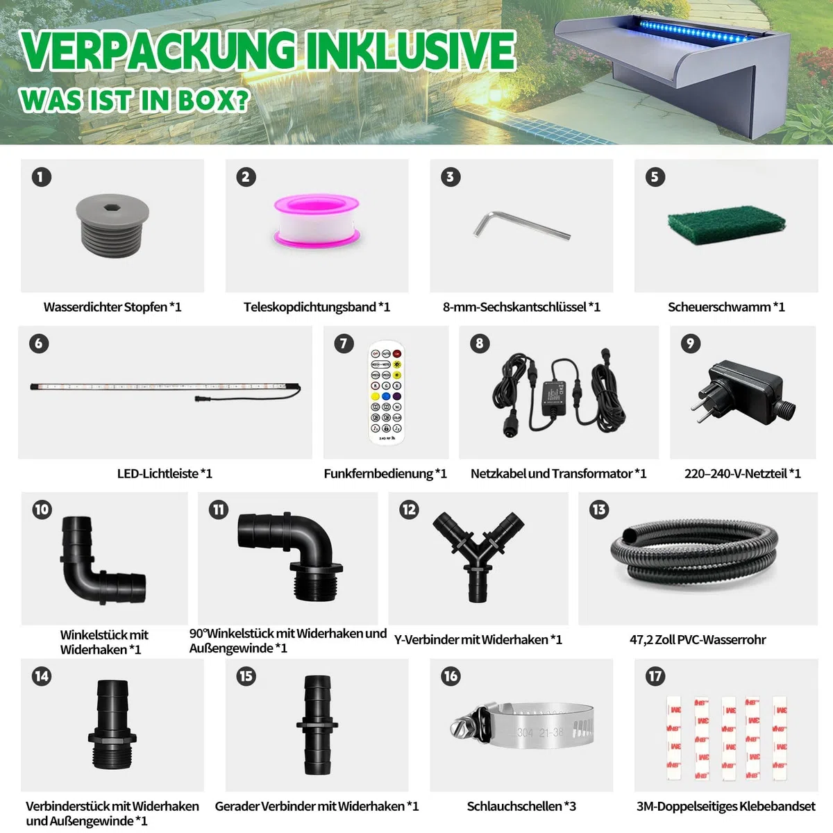 LONGRUN Hoja curvada de cascada para estanque de 30 cm con luz LED RGB Bluetooth, kits completos de cascada y flujo de acrílico, sin placa de cubierta