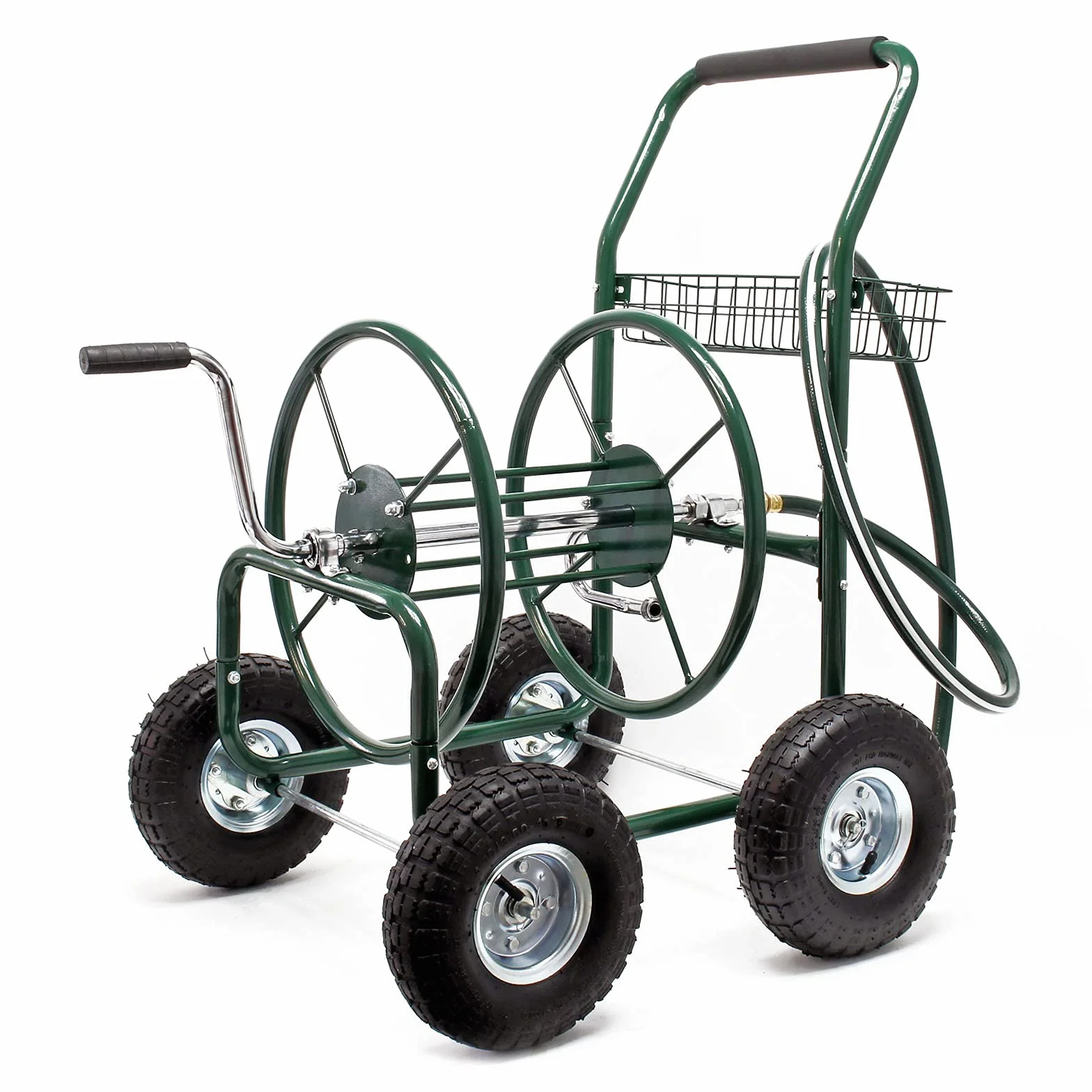 Wiltec Carro para Manguera de jardín de 16 mm (5/8") hasta 76m con neumático Ø 25 cm y conexión de 19mm (3/4") enrollador de Manguera Carrito portamangueras Carrete portamangueras