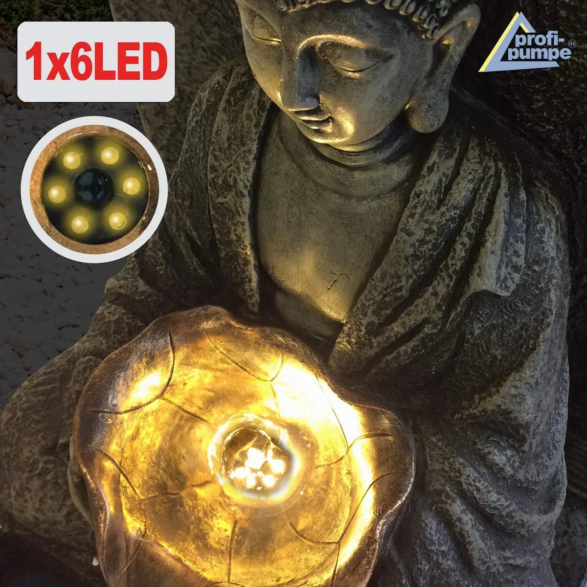 Fuente para Jardin Fuente de Agua Fuente de Tranquilidad Buda Fuente con iluminacion para Jardin, terraza, Balcon con Bomba, iluminacion Solar, bateria de Iones de Litio y luz LED