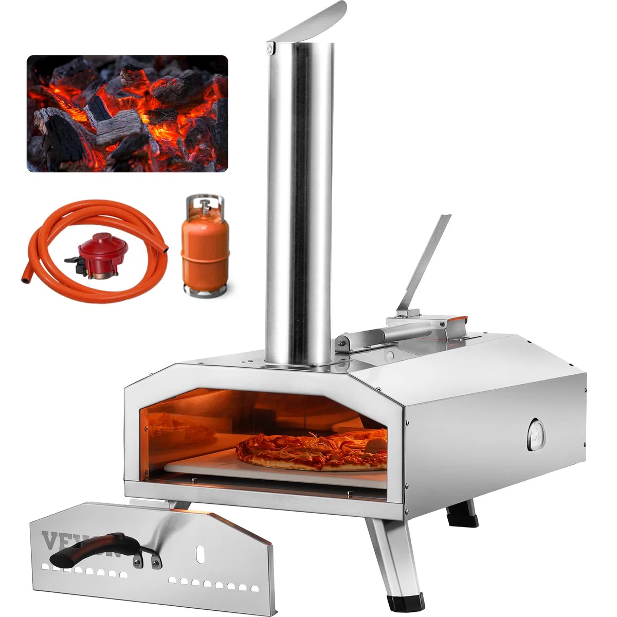 VEVOR Horno de Pizza Portátil Combustible Dual para Uso al Aire Libre, Alimentado con Pellets y Gas y Piedra de Pizza de Cordierita Espesa, Pata Plegable a Acampar y Patio, 360 x 680 x 850 mm, Plata
