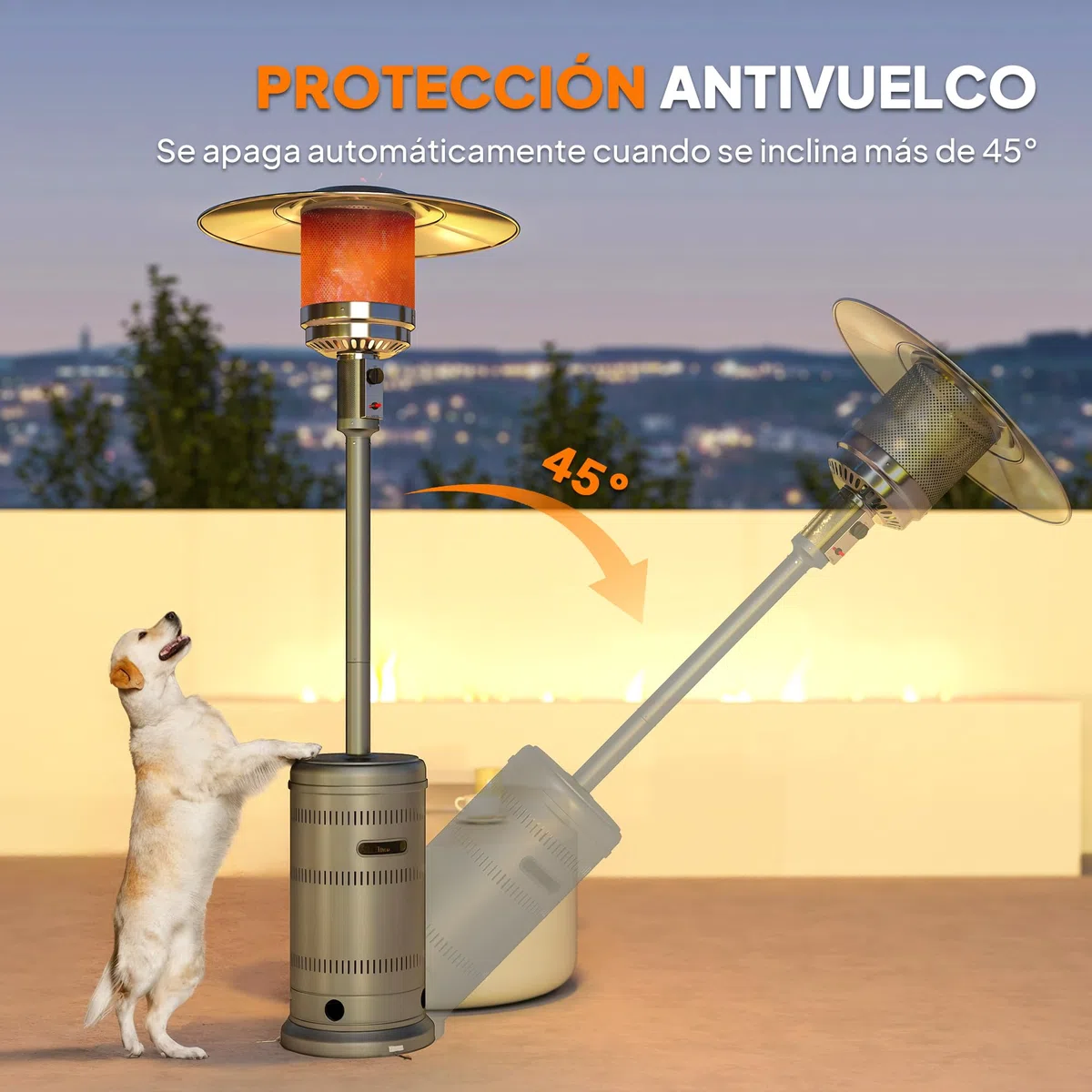 Outsunny Estufa de Gas Butano, 13000W, Calefactor de Exterior a Gas Portátil con Temperatura Ajustable, Protección contra Vuelcos, Encendido Piezoeléctrico y Ruedas, para Butano y Propano, 7 m², Gris