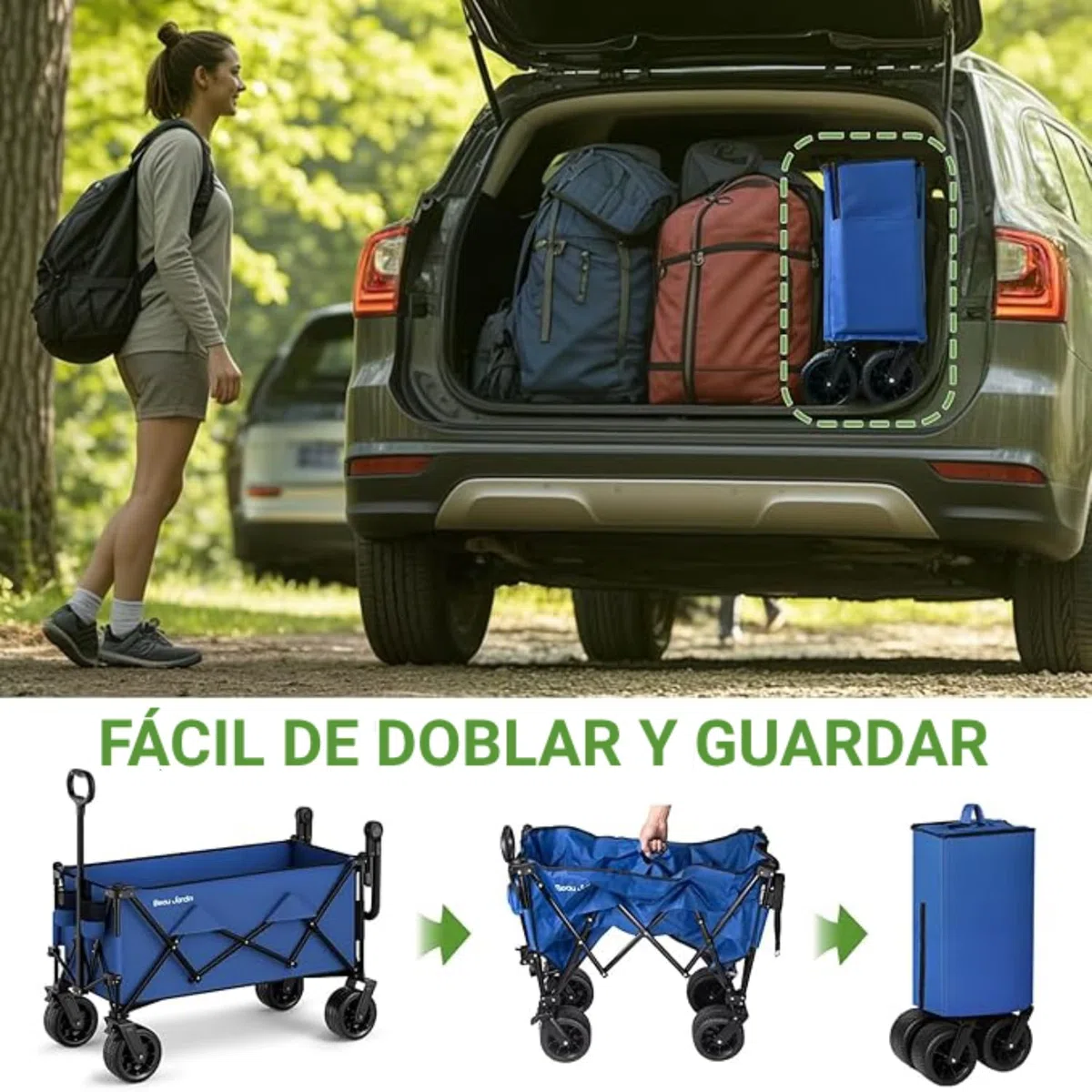 BEAU JARDIN XXL Carro Plegable Todo Terreno 300L 250KG con 4 Ruedas Giratorias, Carrito de Playa y Camping con Asa Retráctil, Azul