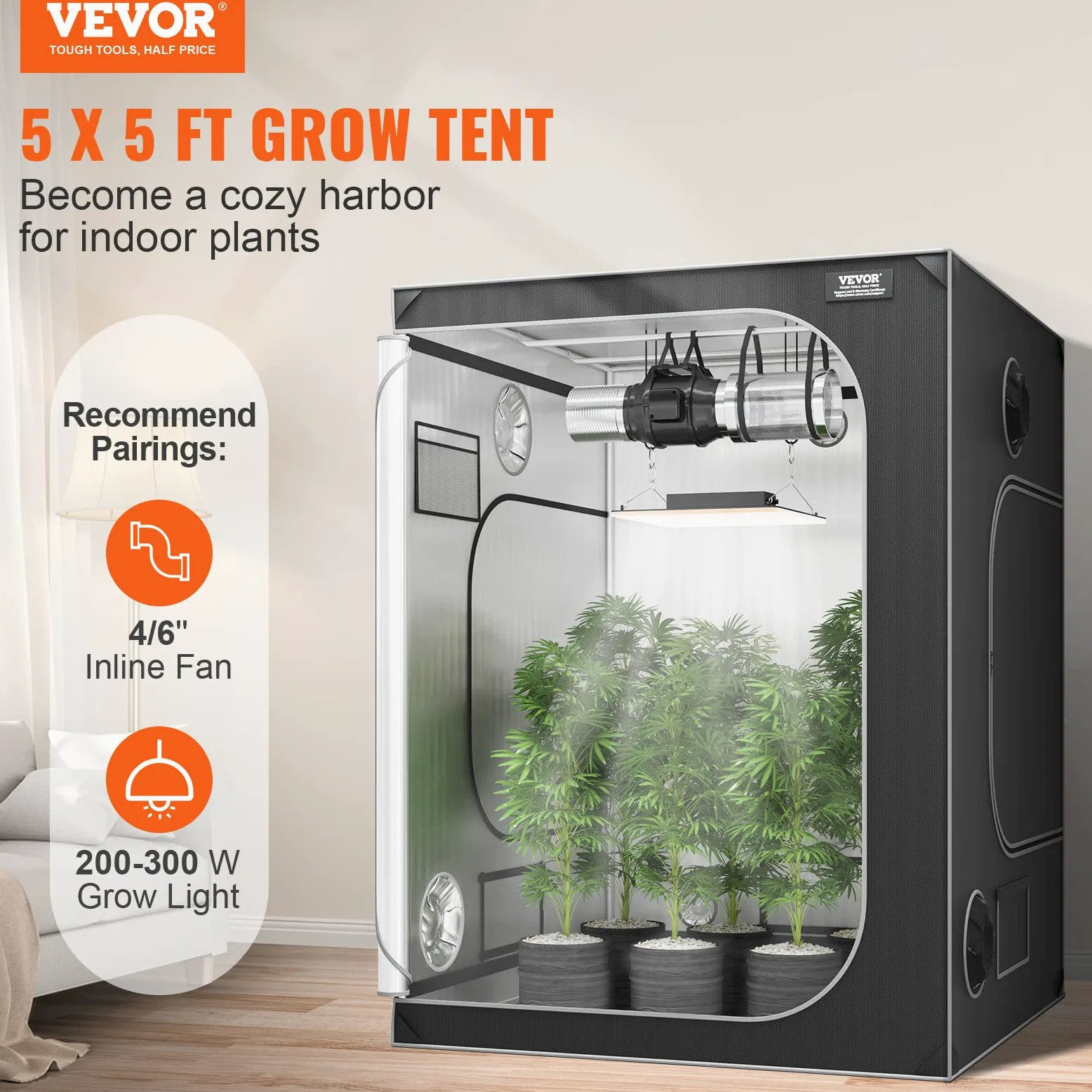 VEVOR Tienda de Cultivo 5x5, 60" x 60" x 80", Tienda de Cultivo Hidropónico Mylar 2000D Altamente Reflectante con Ventana de Observación Bolsa de Herramientas y Bandeja de Piso para Cultivo de Plantas
