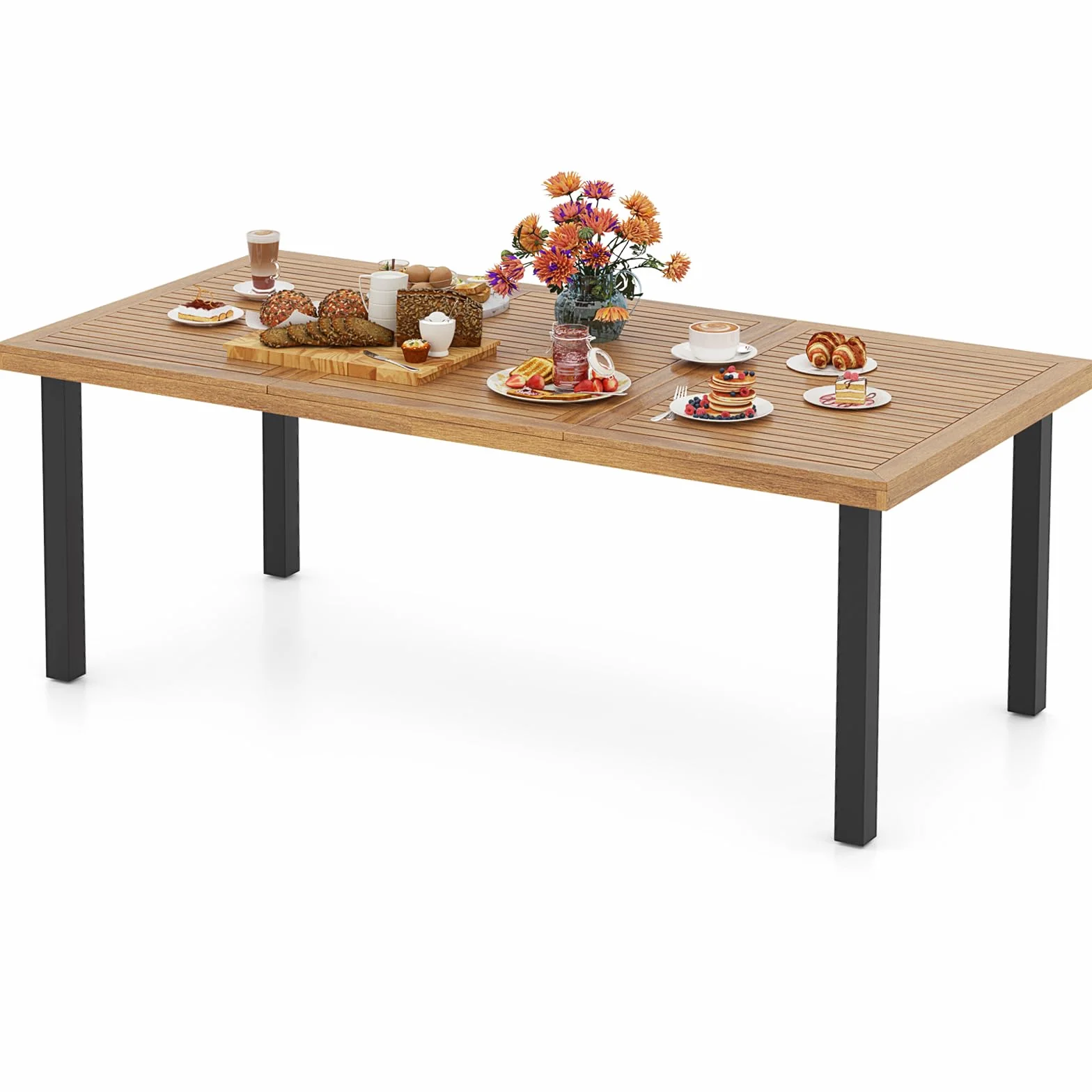 COSTWAY Mesa Jardin Exterior de Madera Acacia, 200 x 100 cm, Mesa Comedor Exterior para 8 Personas, Orificio para Sombrilla, Mesa Rectangular Terraza Balcon Jardin, Natural y Negro