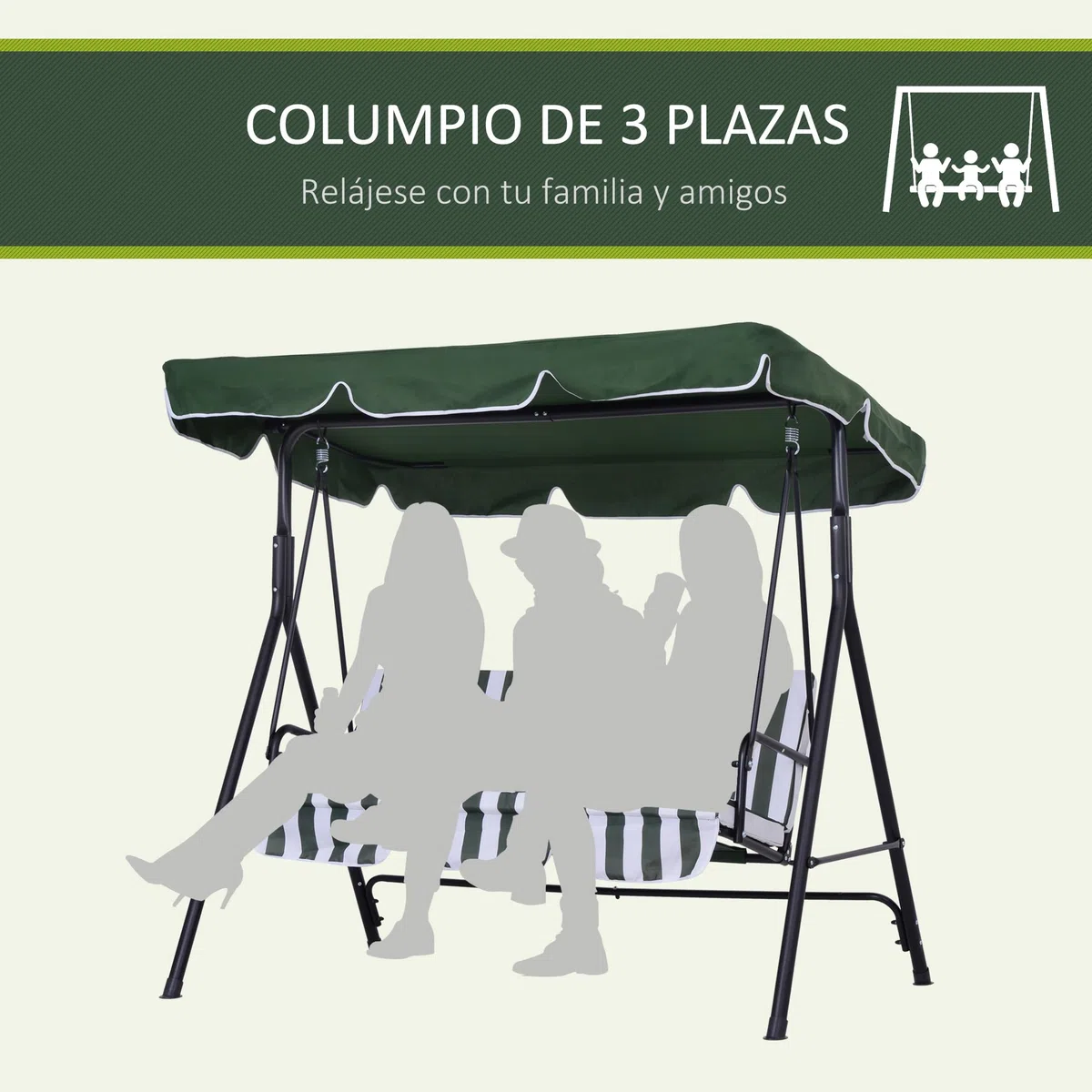 Outsunny Columpio de Jardín Exterior de 3 Plazas, Balancín de Jardín Exterior con Techo Ajustable y Marco de Acero, para Balcón, Terraza, Patio, Carga 200 kg, 172x110x153 cm, Verde