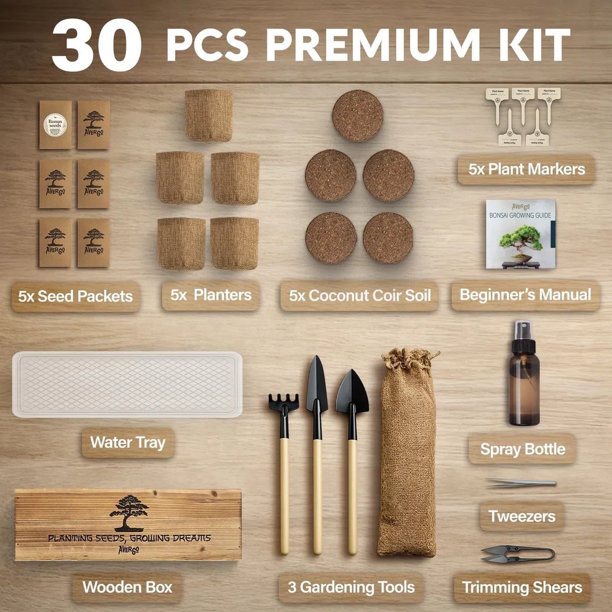 Avergo - Kit de árbol bonsái – 5 árboles de bonzai japoneses únicos | Kit completo de inicio para el cultivo de plantas de bonsái con herramientas y macetas, regalos de jardinería para mujeres y