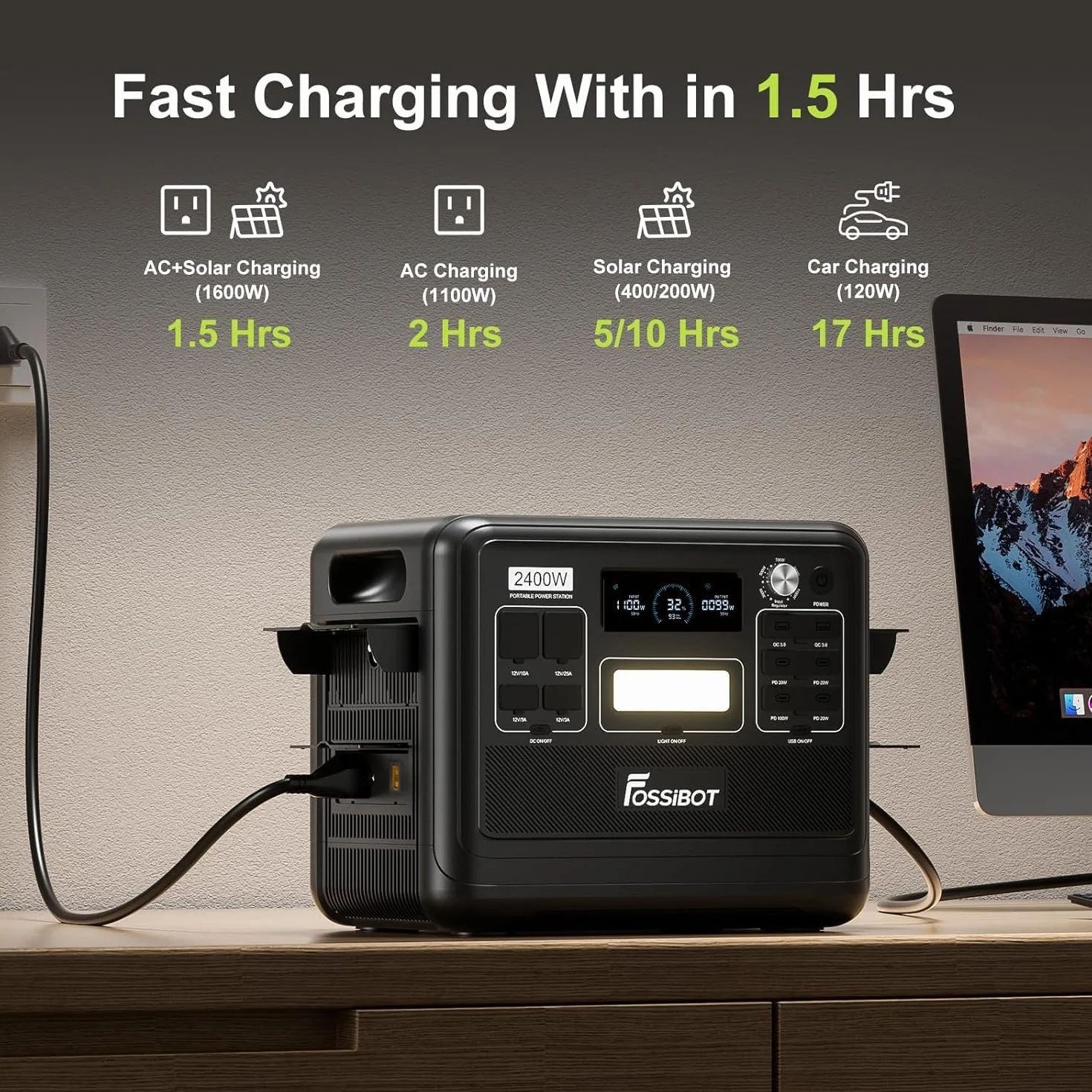 Estación de Energía Solar Portátil FOSSiBOT F2400, 2048Wh Batería LiFePO4, 2400W (4800W Pico), Carga Rápida en 1.5h, 3 Tomas CA, UPS, para Cortes de Luz, Camping y Autocaravana