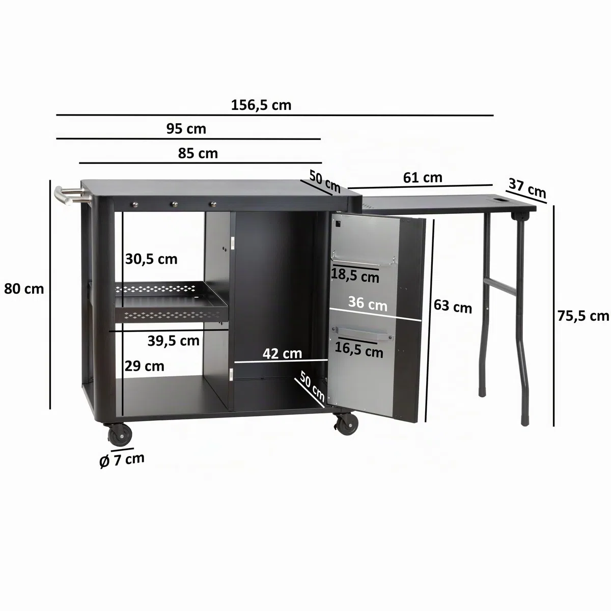BBQ-Toro Mesa de Barbacoa con Gran Superficie de Trabajo 95 x 50 x 80 cm | Color Negro | Mesa Auxiliar para Barbacoa | Carrito de Barbacoa, Terraza, Jardín | Mesa de Barbacoa Exterior