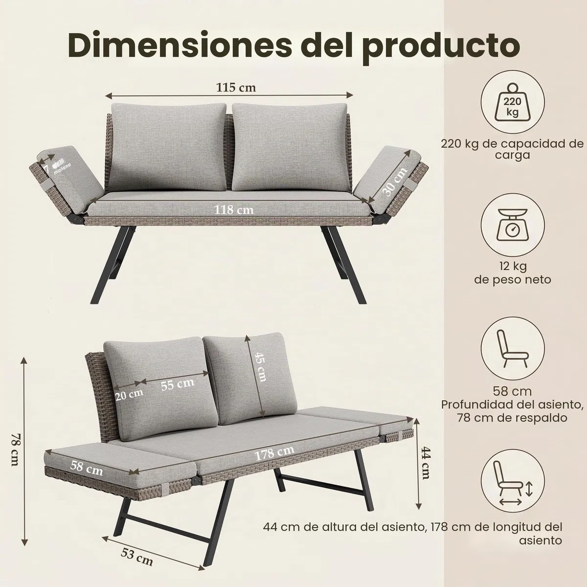 Fiutazge Sofá de Jardín de Rattan,2 Plazas con Reposabrazos Regulables,Convertible en Cama de Día,Sofa Terraza Exterior con Cojines Gruesos para Balcón,Terraza y Porche,Beige
