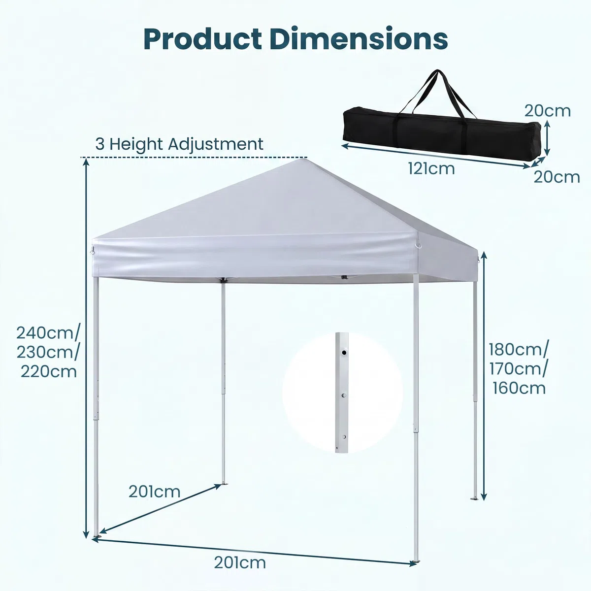 GOPLUS 2x2 M Carpa Plegable con Estructura Reforzada, 8 Estacas y 4 Cuerdas de Viento, Altura Ajustable, Toldo Portátil para Playa, Bolsa de Transporte (Blanco Grisáceo, 200x200x240 cm)