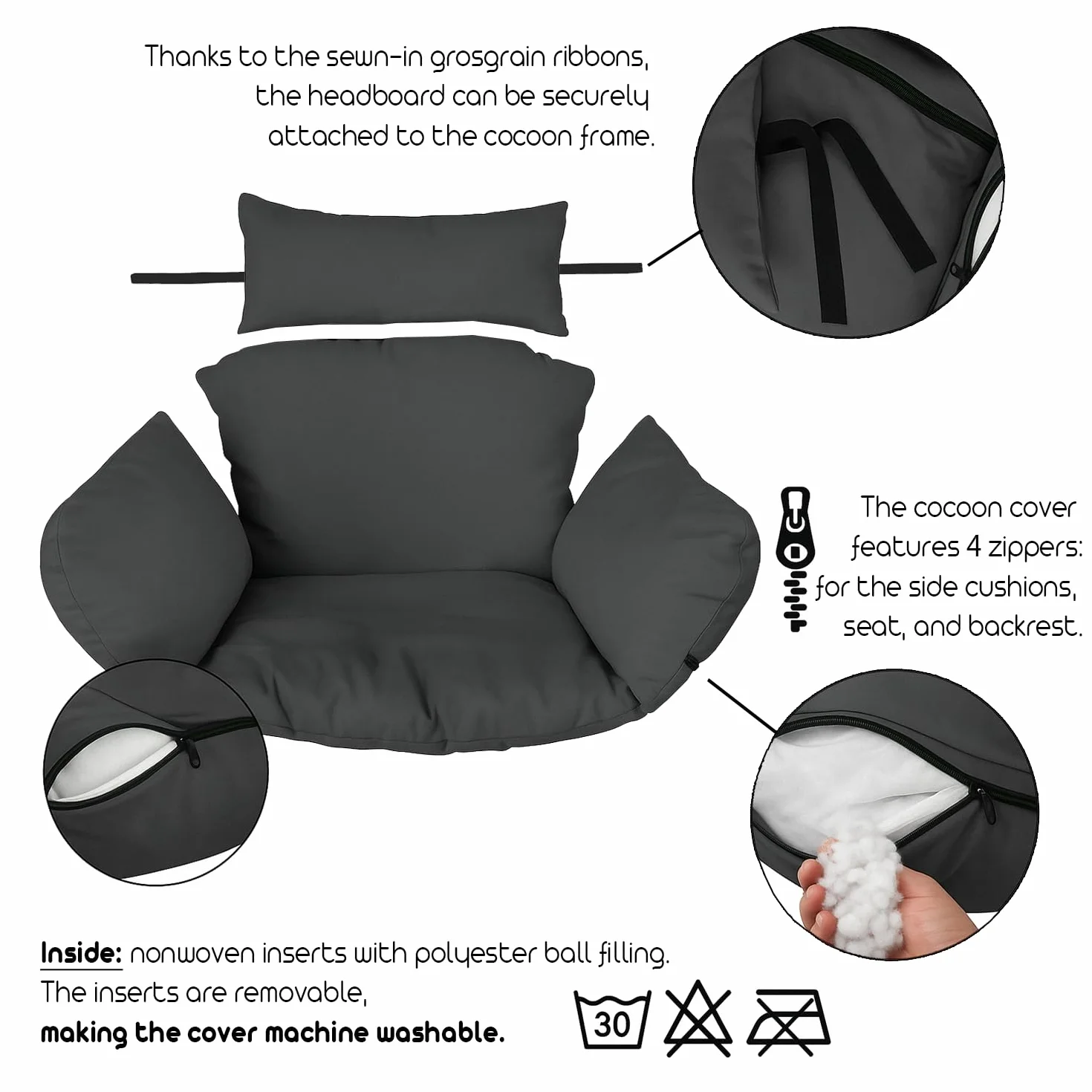 Ferocity Cojín de Silla de Hamaca XXL, Colgante Huevo Cojines, Columpio Silla Cojín Respaldo con Almohada para la Cabeza, Cjín Impermeable, para Patio Jardín, Grafito [114]