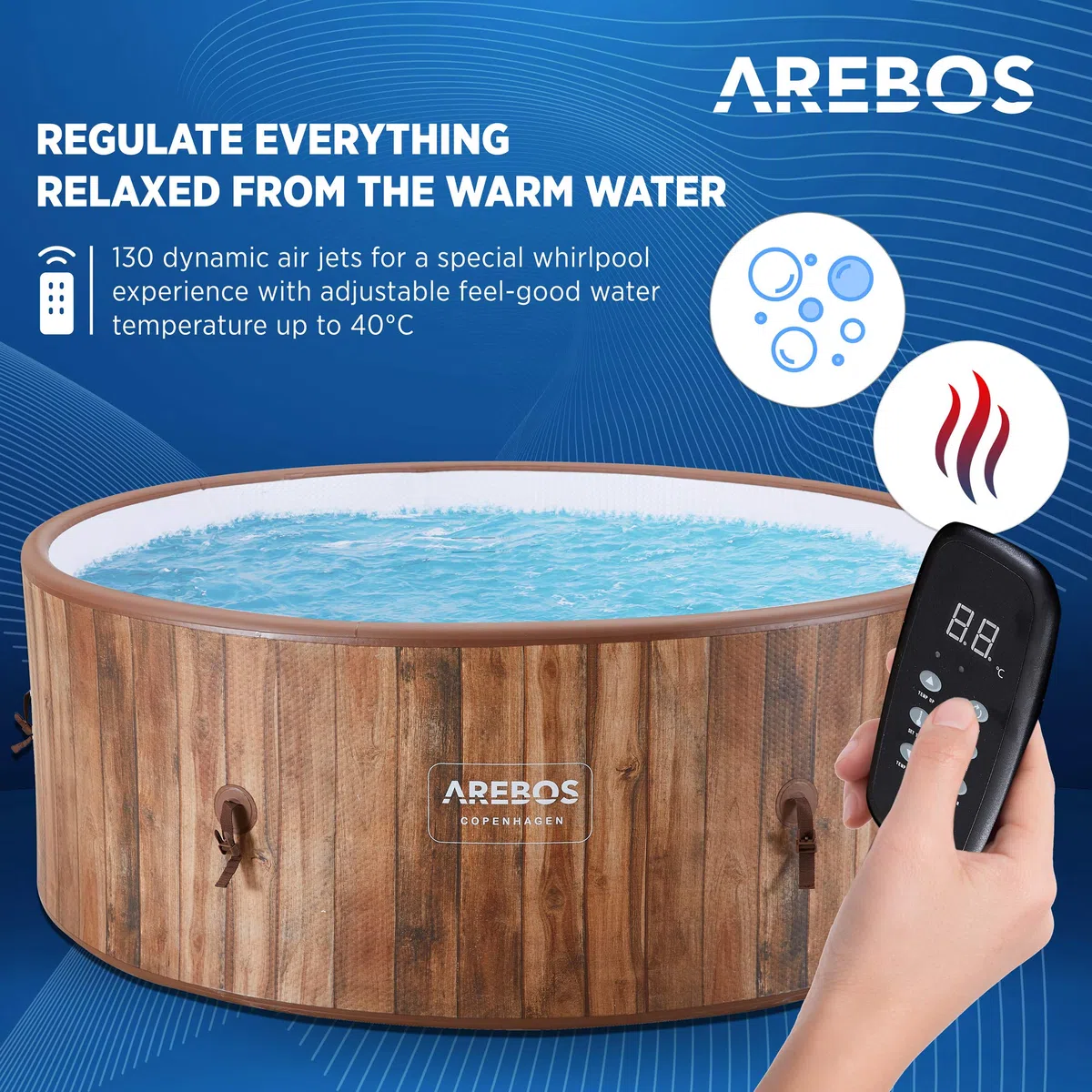 Arebos SPA Hinchable Whirlpool | para Interior y Exterior | ⌀ 180 cm | 7 Personas | Drop-Stitch | 130 boquillas de Masaje | con calefacción | 1120 litros | Incluye Cubierta | Bubble SPA y Wellness