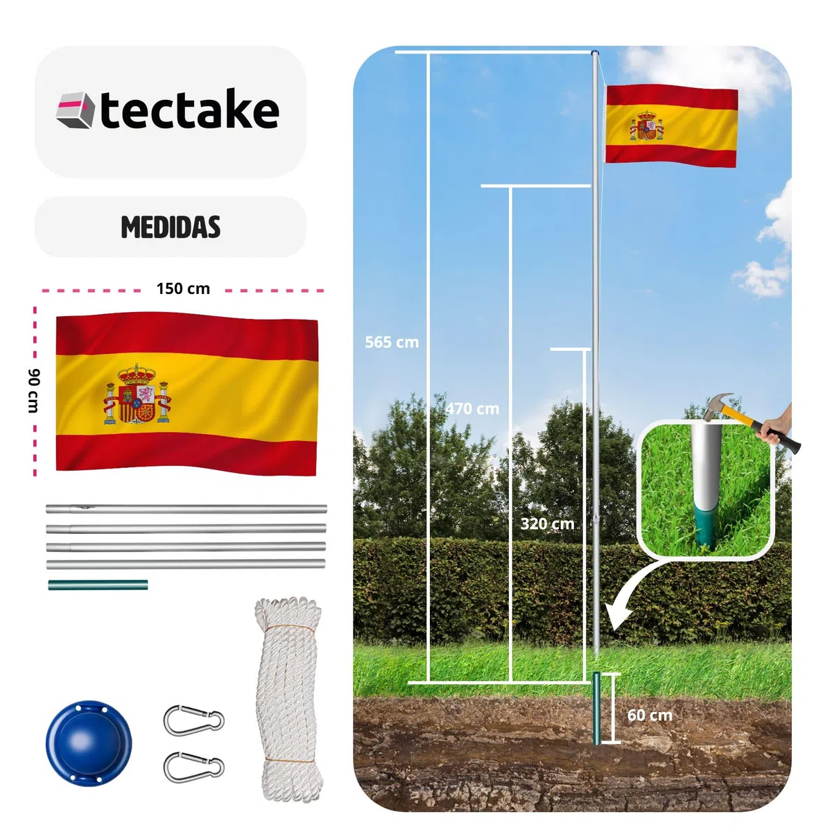 tectake® Mástil Bandera Altura Ajustable, Mástil Aluminio Altura Máx 6,25 m, Asta Bandera con Casquillo para Suelo, Mástil Bandera Exterior con Cuerda de Izado, Montaje Rápido, Incl. Bandera España