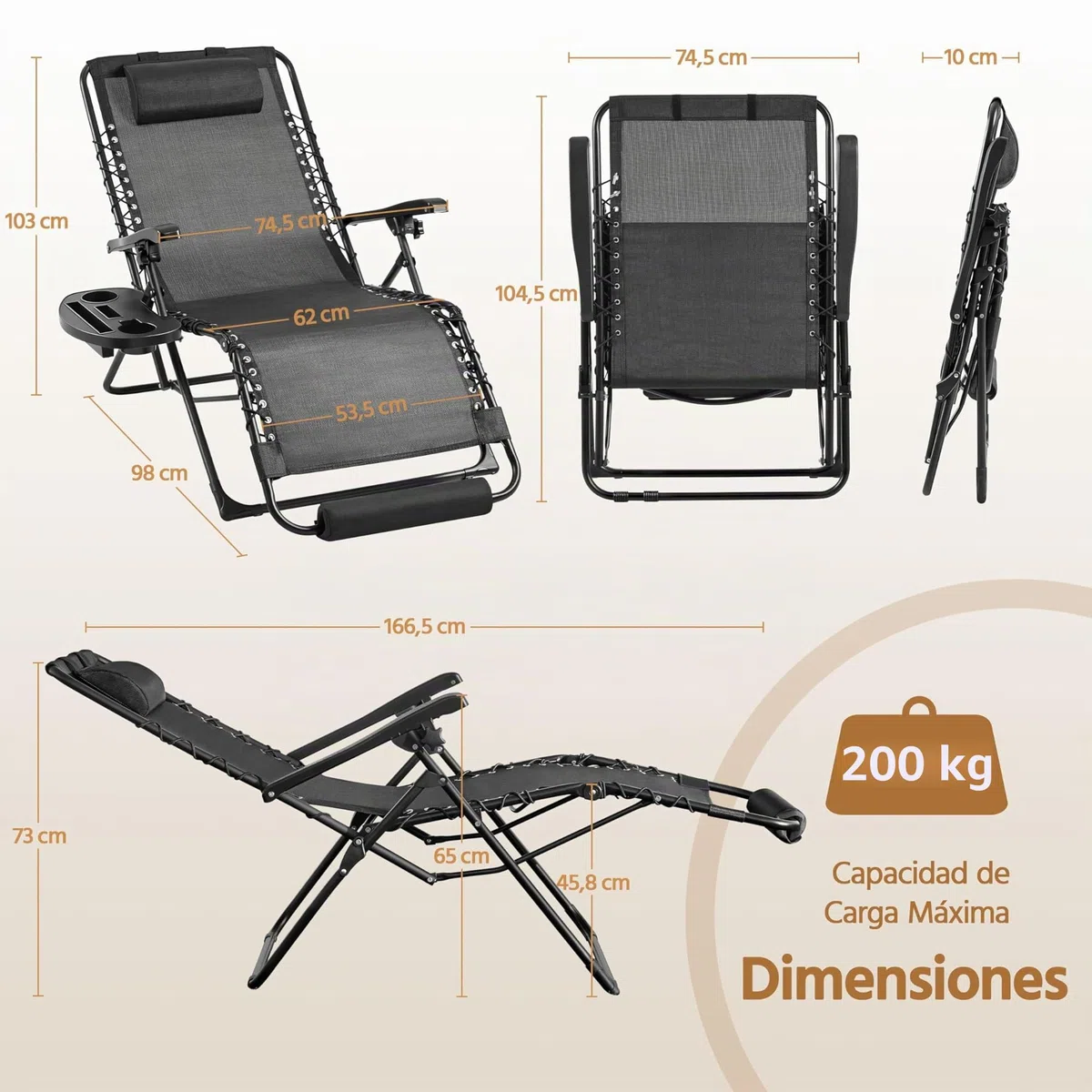 Yaheetech Tumbona Plegable y Resistente, Tumbonas Jardin Exterior, Capacidad de Carga 200kg, Tapizado Ergonómico, Respaldo Ajustable, Cojín Cervical, Portavasos y Cojín, Gris Oscuro/Negro
