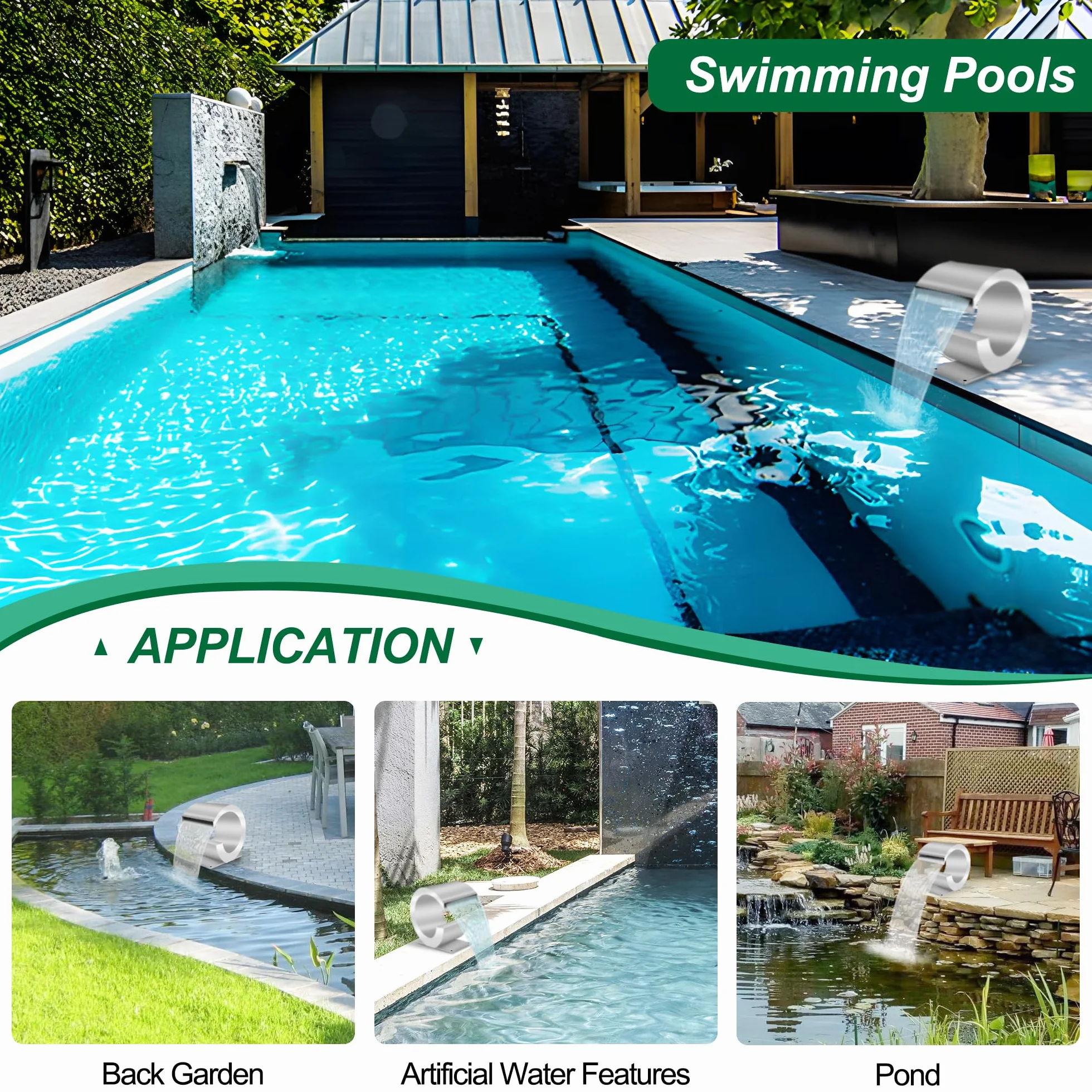 Fuente de piscina de acero inoxidable curvada, LONGRUNNEW con accesorios y cascadas de estanque J, kit para jardín, patio o piscina, 34,5 cm de altura