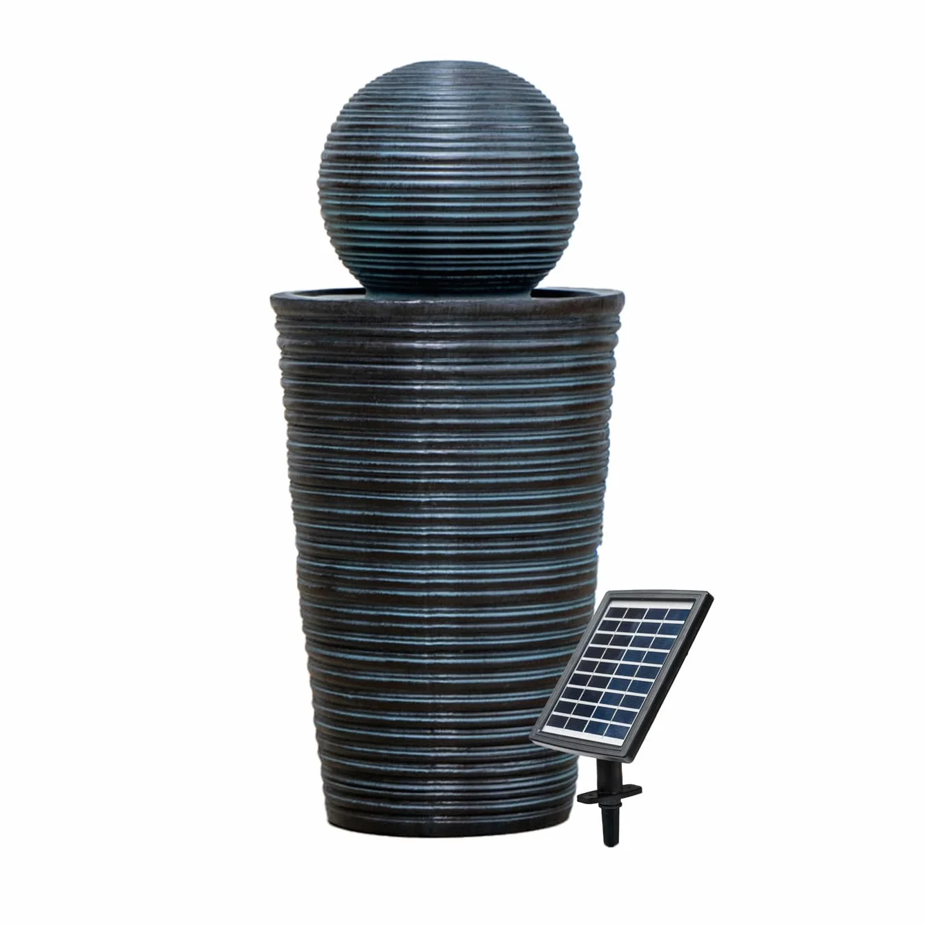 Fuente de Agua con Energía Solar de pie Bola Gris | 27x 27x 58,5 cm | Resina resistente a Intemperie | Estaca p/fijación | Panel Solar y Batería de Respaldo de hasta 6 hs | Cable de alimentación 7m