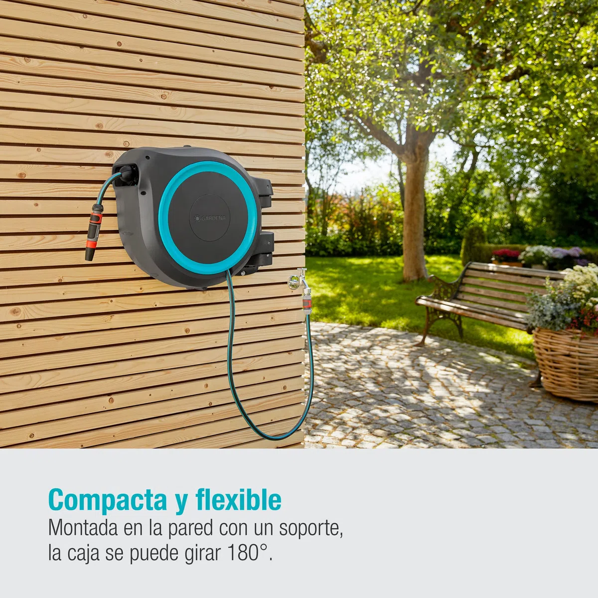 Gardena Carrete de Manguera para Pared Rollup M/L (Turquesa) de 25 M: Riego Flexible Jardines Grandes/Medianos, Carrete Giratorio, Incluye Manguera Calidad Gardena 25M y Auxiliar de Montaje (18620-20)