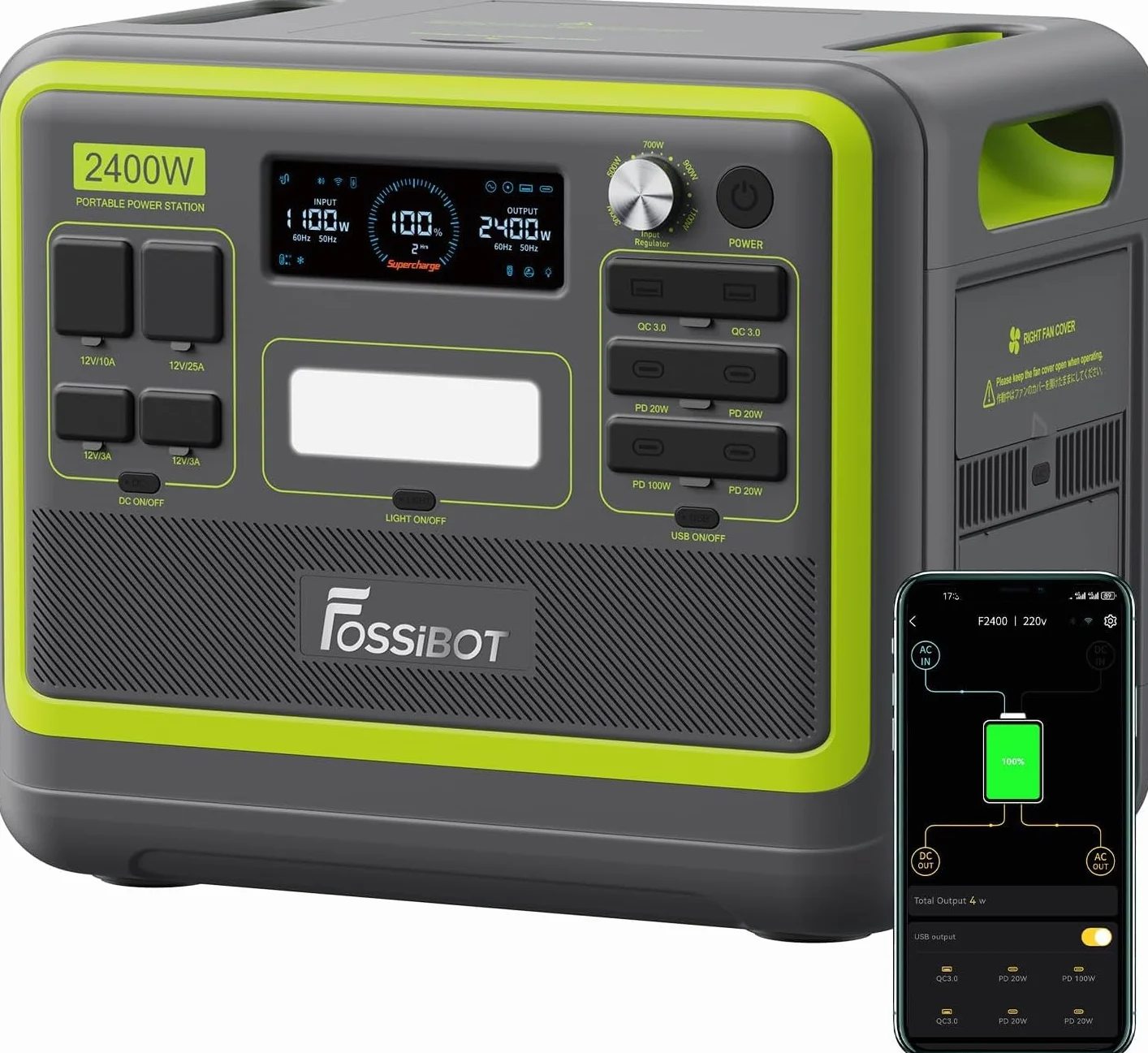 Estación de Energía Solar Portátil FOSSiBOT F2400, 2048Wh Batería LiFePO4, 2400W (4800W Pico), Carga Rápida en 1.5h, 3 Tomas CA, UPS, para Cortes de Luz, Camping y Autocaravana