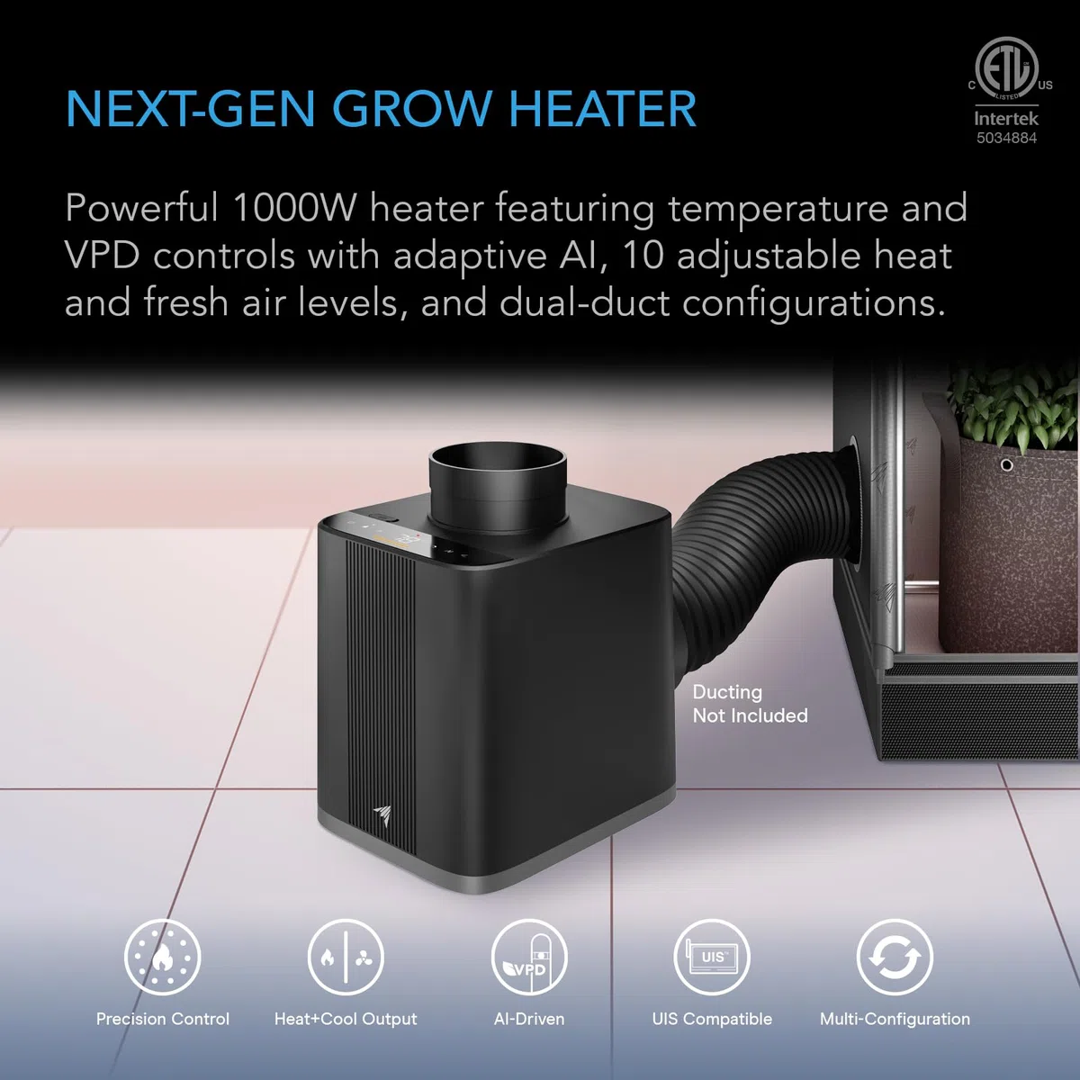AC Infinity THERMOFORGE T7, calentador ambiental de 1000 W con controlador de temperatura VPD, calefacción PTC de 10 niveles y entrada de aire fresco, IA adaptativa, conductos dobles para tiendas de