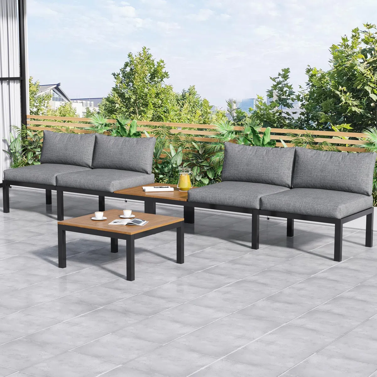 Juego de salón de jardín de 4 plazas, sofá cama cómodo con cojines, 2 asientos dobles, 1 mesa + 2 mesas de madera de acacia, estructura de acero galvanizado resistente, impermeable, gris