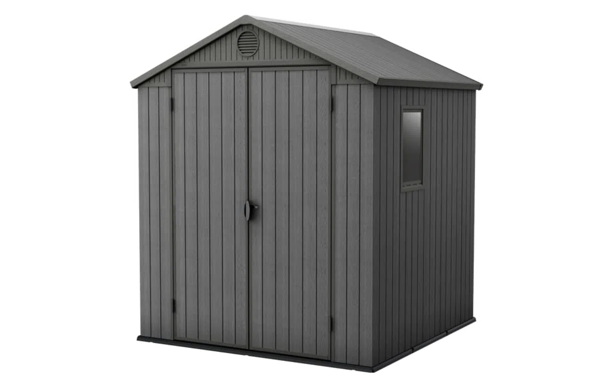 Keter Darwin Caseta de Jardín Exterior Gris, 190x183x221. 3,3m2, Efecto Madera, Resistente a UV, con Ventilación (6x6)