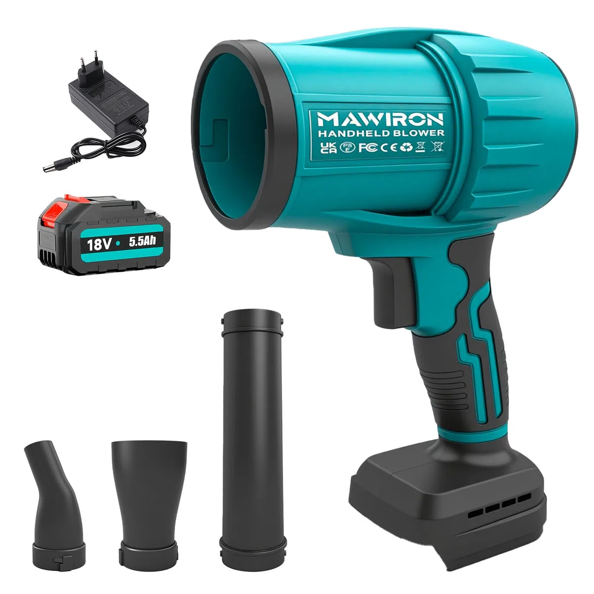 Soplador de Hojas inalámbrico con batería de 18 V 5,5 Ah y Cargador – Motor de Alta Velocidad hasta 32.000 RPM – Sistema de Control Variable de la Velocidad del Viento – Boquillas 3 en 1 para Hojas