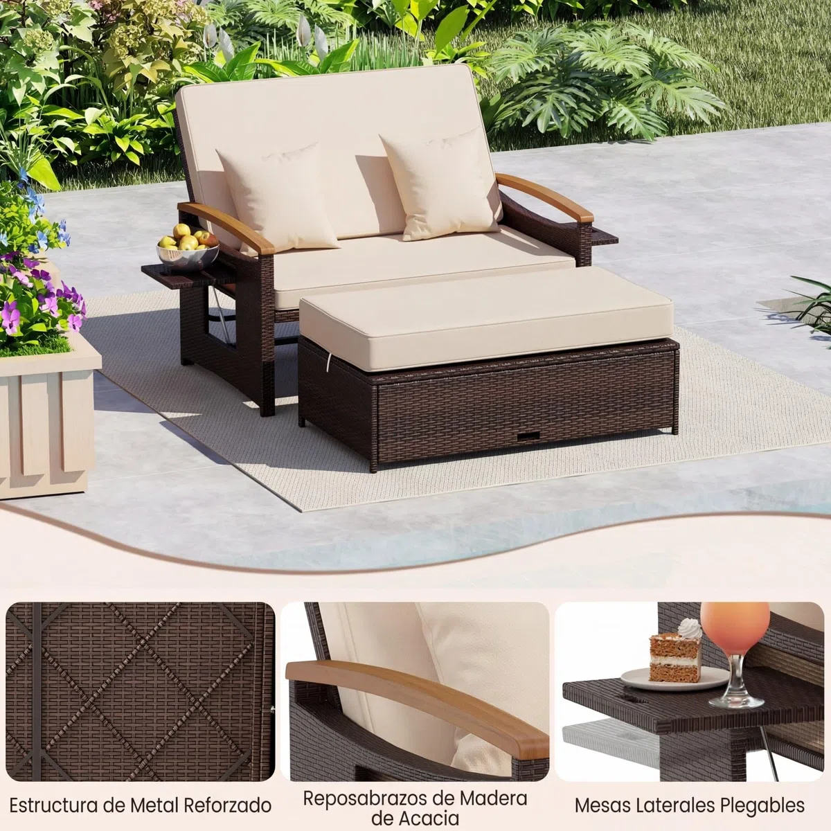 COSTWAY Sofa Exterior de Ratán con Reposapiés de Almacenamiento, 2 Plazas Tumbona Acolchado, Cama Respaldo Ajustable de 4 Niveles, Bandejas Laterales Retráctiles, Tumbona Doble de Ratan (Marrón)