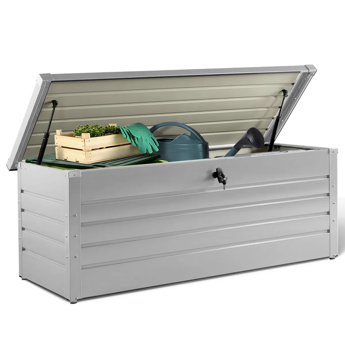IDMarket - Baúl de almacenamiento de metal con cerradura para jardín, 600 L, 165 x 70 x 63 cm, color gris claro