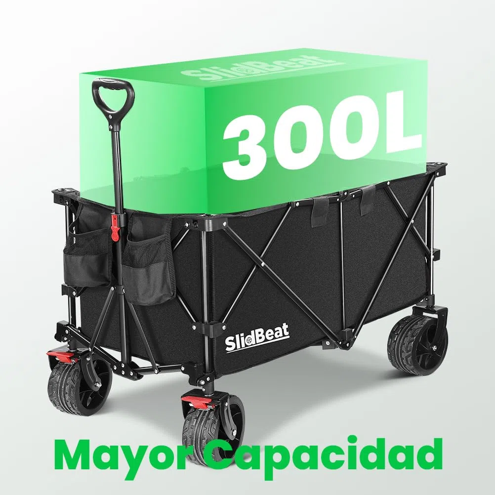 SLIDBEAT Carro de Transporte Plegable Todo Terreno – 226kg/300L, Estructura Triangular, Ruedas de 18cm con Frenos y Lona 600D Impermeable, Jardín, Playa, Camping, Compras y Vacacione