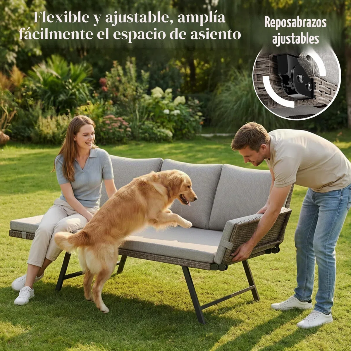 Fiutazge Sofá de Jardín de Rattan,2 Plazas con Reposabrazos Regulables,Convertible en Cama de Día,Sofa Terraza Exterior con Cojines Gruesos para Balcón,Terraza y Porche,Beige