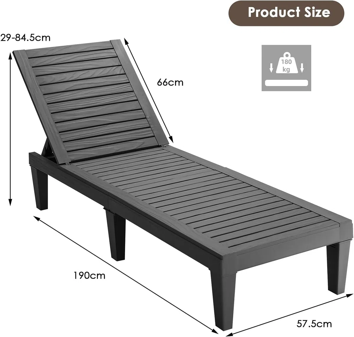 GIANTEX Tumbona de Jardín Exterior con Respaldo Ajustable en 5 Posiciones, Tumbona Reclinable de PP con Acabado Efecto Madera, Carga 180 kg, para Playa, Balcón, Terraza, Piscina (1, Negro)