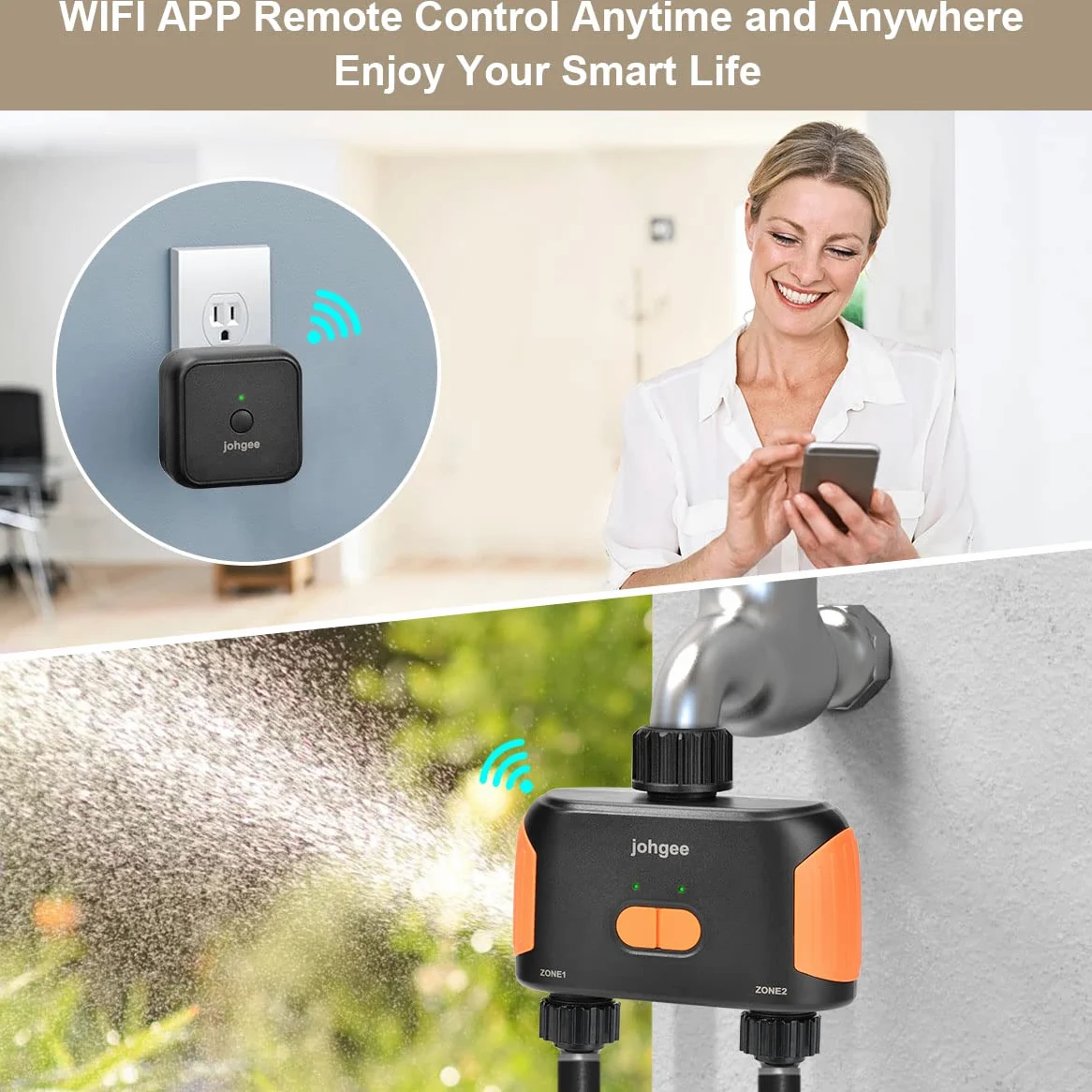 Programador Riego WiFi,Johgee Programador de riego 2 Salidas,Temporizador de Riego para Manguera Bluetooth con Retraso de Lluvia para Grifo de Jardín al Aire Libre, Temporizador de Riego Programable