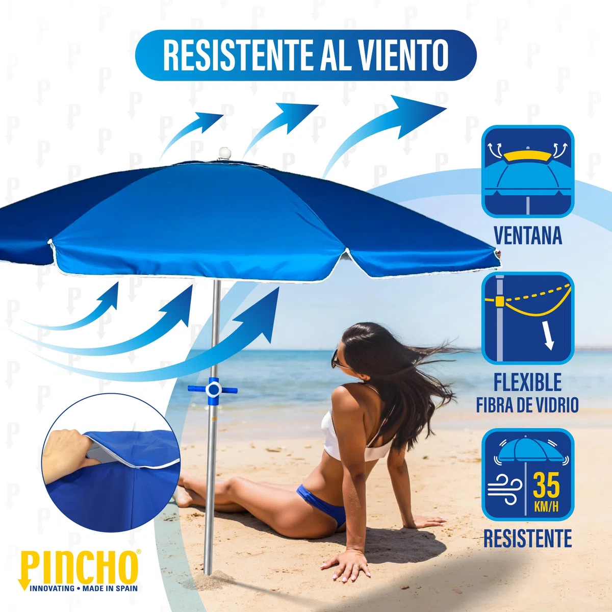 Pincho Sombrilla Playa Grande 240 cm de arco, Antiviento hasta 35km/h, Protección UV 50, Materiales de Calidad, 8 Varillas de Fibra de Vidrio, Palo reclinable