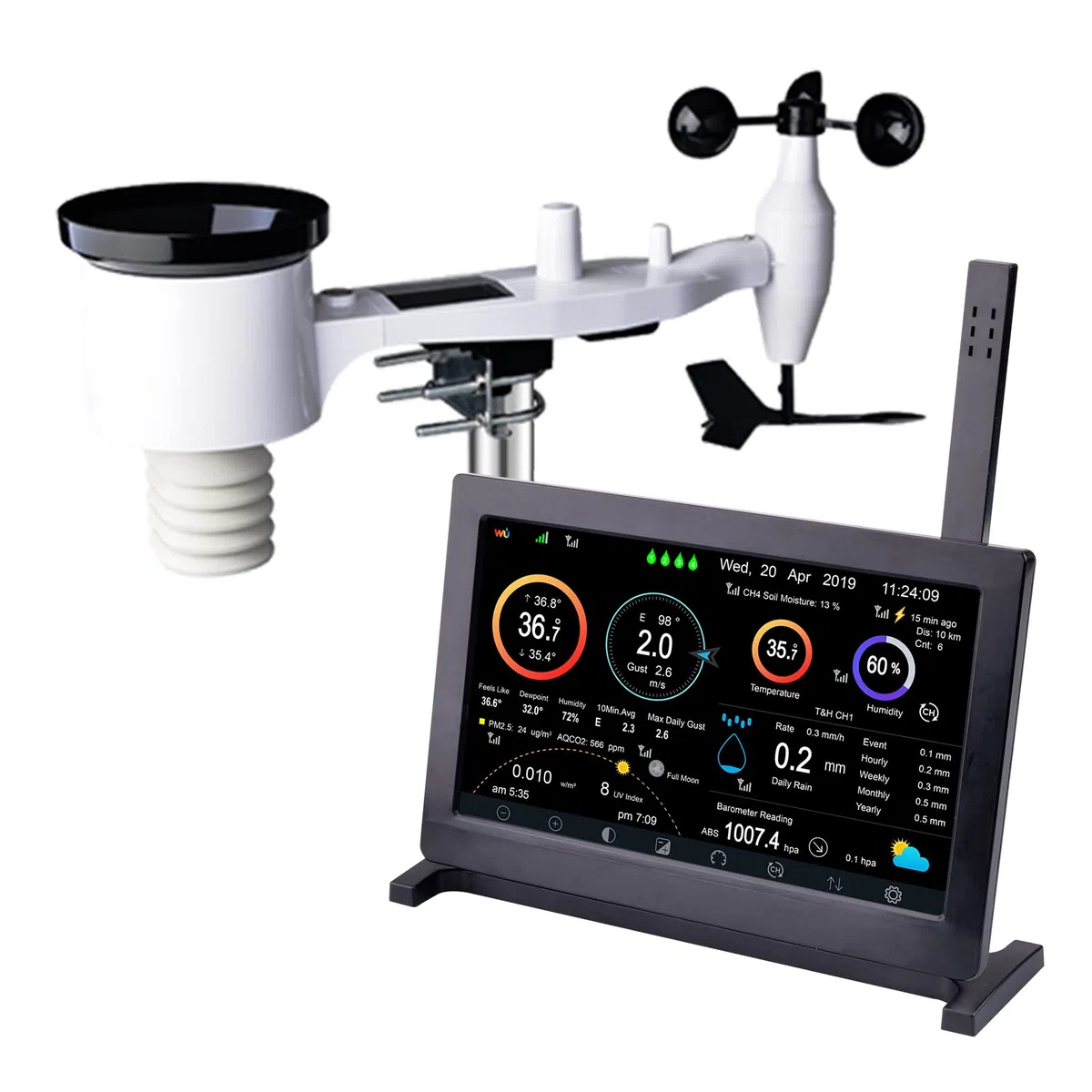 ECOWITT HP2561 WIFI Estación meteorológica, 7 en 1 jardín Sensor inalámbrico al aire libre WS69 con energía solar + 7 pulgadas de interior TFT color Pantalla incorporada 3 en 1 Sensores para la casa