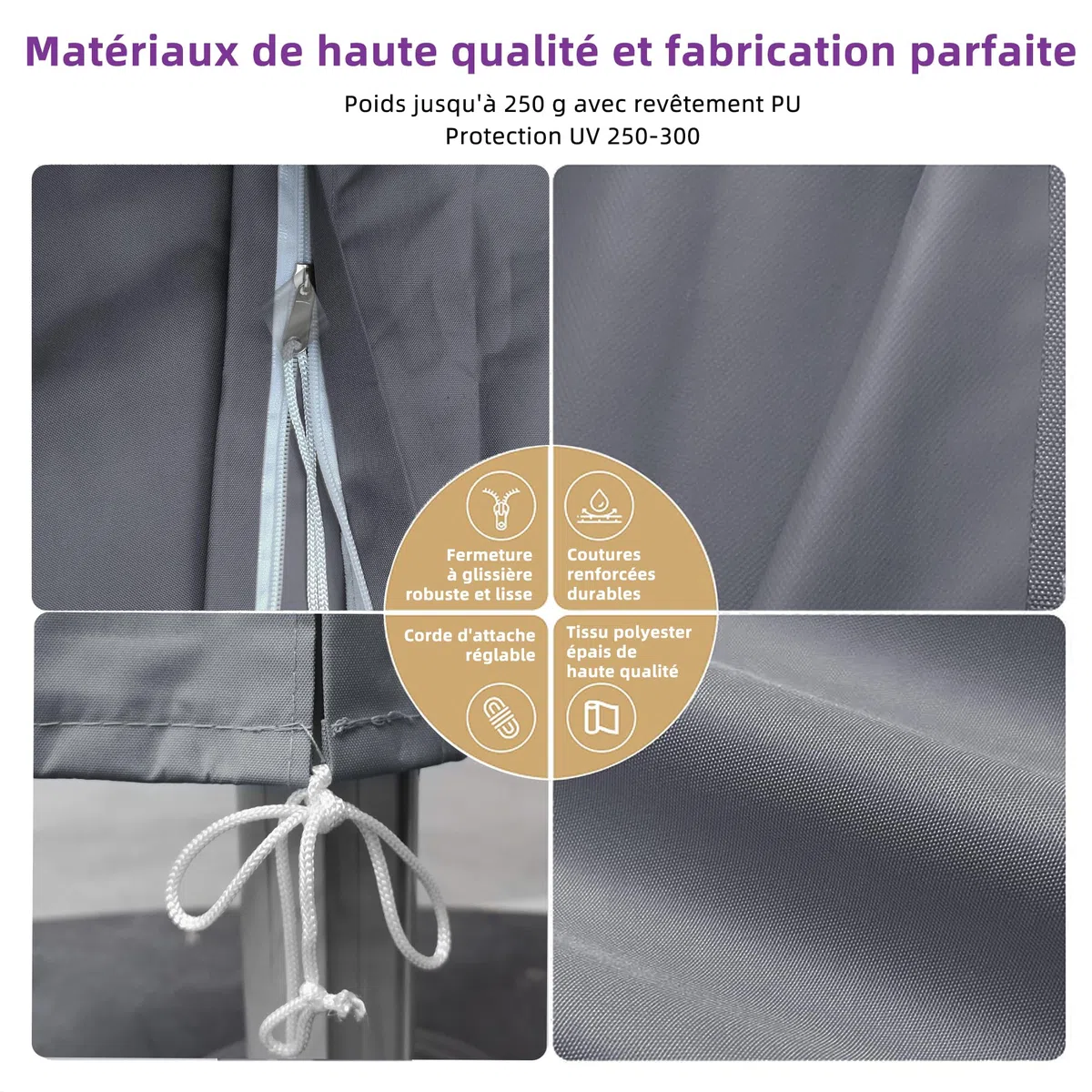 PURPLE LEAF - Fundas para sombrillas de jardín al aire libre, 255 x 62 cm, resistente a los rayos UV con palo, con cremallera cubierta de sombrilla, color gris