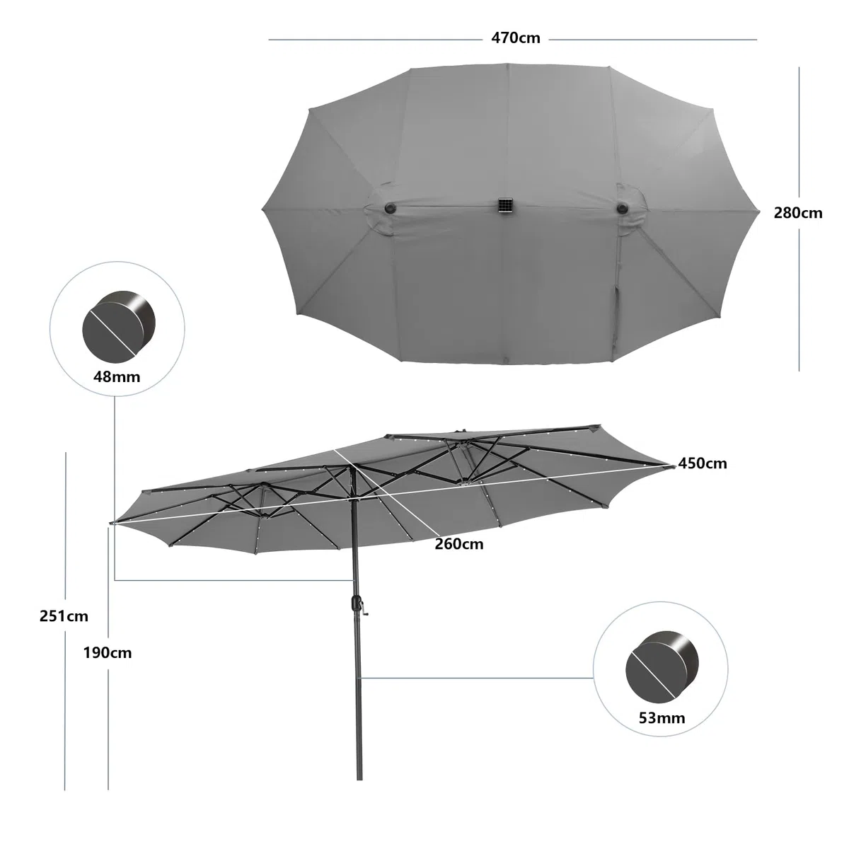 COSTWAY Sombrilla Terraza Exterior Doble, Sombrillas Jardin Grandes con 48 Luces LED y Base, Panel Solar de Carga automática, Manivela, Parasol Terraza Exterior (470 x 280 cm (con LED y Base),Gris)